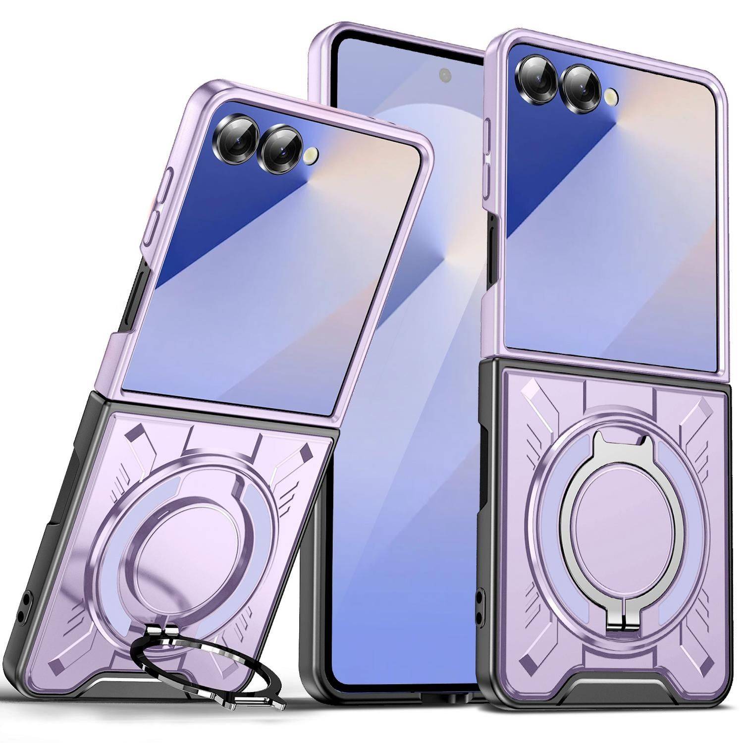 Drei violette Smartphones mit glänzenden Rückseiten und Kameraobjektiven, in Hüllen mit kreisförmigen Ringhalterungen dargestellt; ein Telefon steht hinter zwei abgewinkelten Telefonen.
