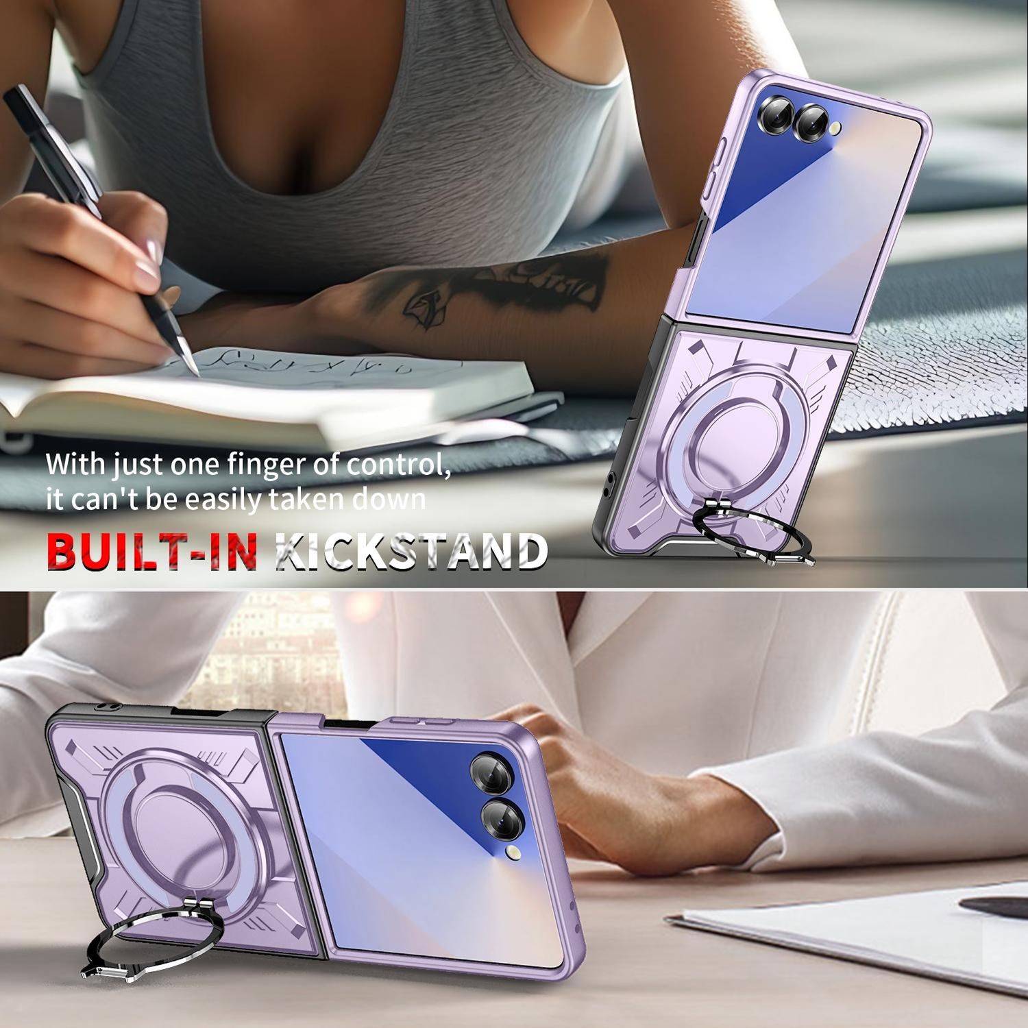 Handyhülle mit integriertem Ständer, die das lila Gehäuse zeigt, das das Telefon für freihändiges Anschauen hochhält.
