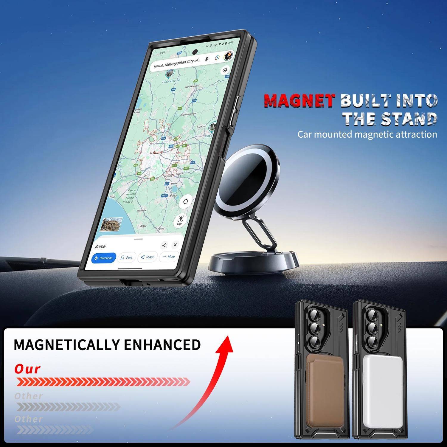 Autotelefonhalterung mit eingebautem Magnet, zeigt ein Telefon auf einem magnetischen Ständer und Text „MAGNET IST IM STÄNDER EINGEBAUT