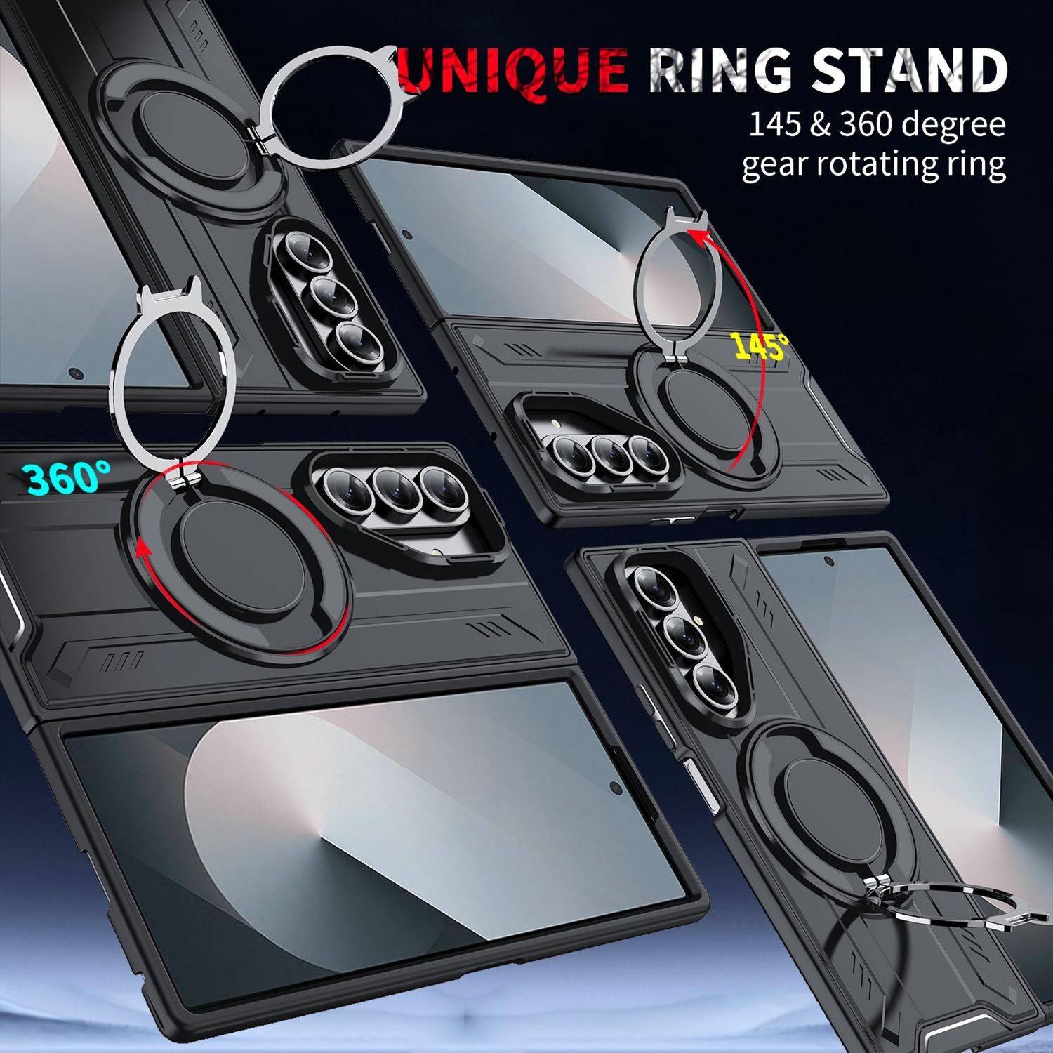 Werbebild einer Handyhülle mit ausziehbarem Ringständer, beschriftet mit „Unique Ring Stand