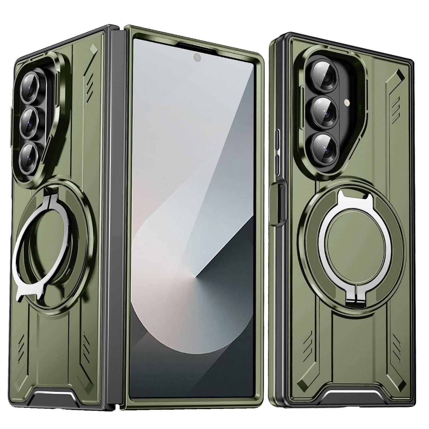 Drei Ansichten eines olivgrünen faltbaren Smartphones mit robustem Gehäuse und kreisförmigem Magnetring auf der Rückseite, dargestellt in offenem und geschlossenem Zustand.