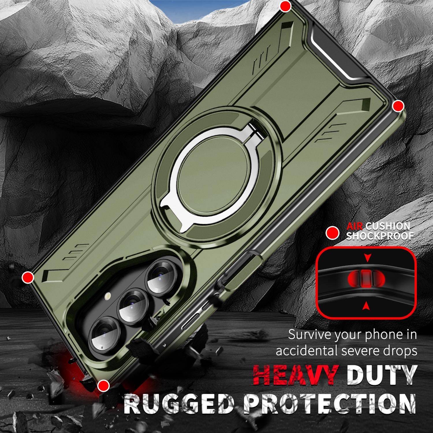 Militärisch robuste Handyhülle in Olivgrün mit verstärkten Ecken und Kameroschutz, gezeigt mit Text „HEAVY DUTY RUGGED PROTECTION
