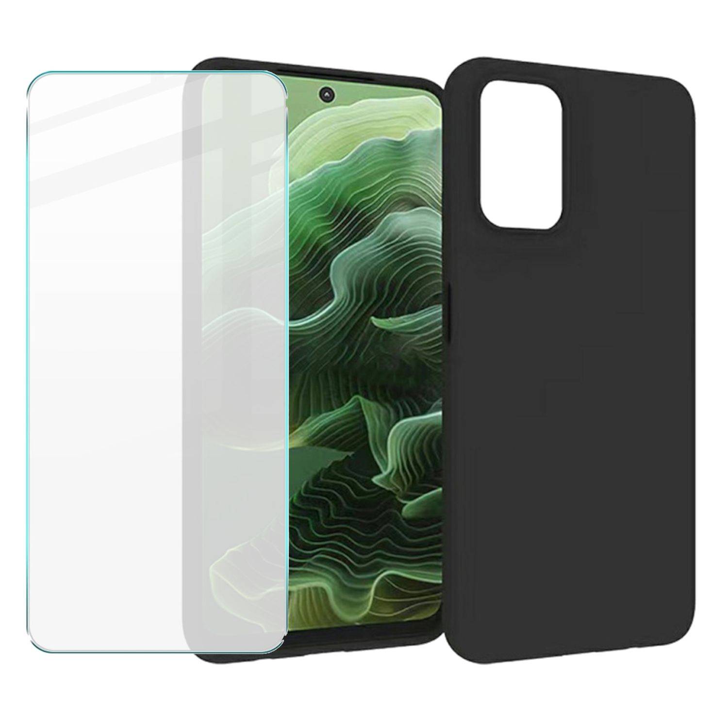 Smartphone-Case-Set mit einer klaren Displayschutzfolie, einem schwarzen Handyetui und einem Telefon mit einem grünen abstrakten Hintergrundbild.