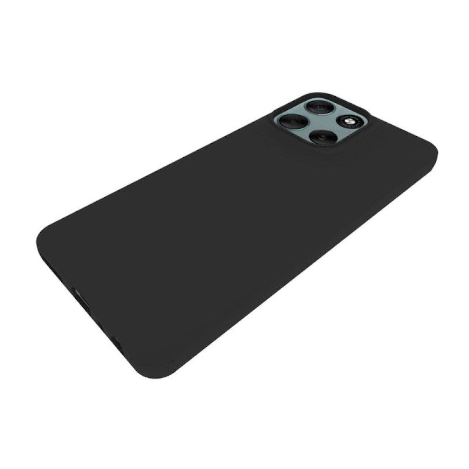 Schwarze Smartphone-Hülle auf weißem Hintergrund, mit erhobener Kameraaussparung für drei Linsen und Blitz.