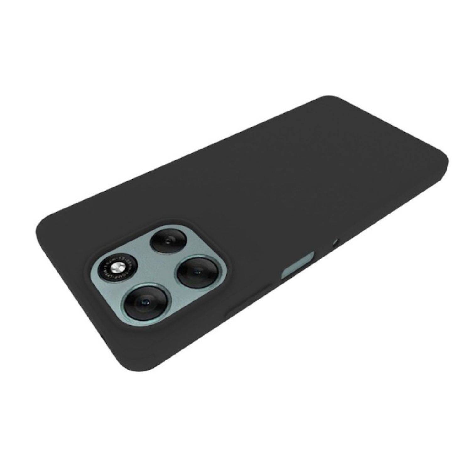 Schwarze Smartphone-Hülle mit großem Dreifach-Kameraausschnitt und seitlicher Tastenöffnung, auf weißem Hintergrund dargestellt.