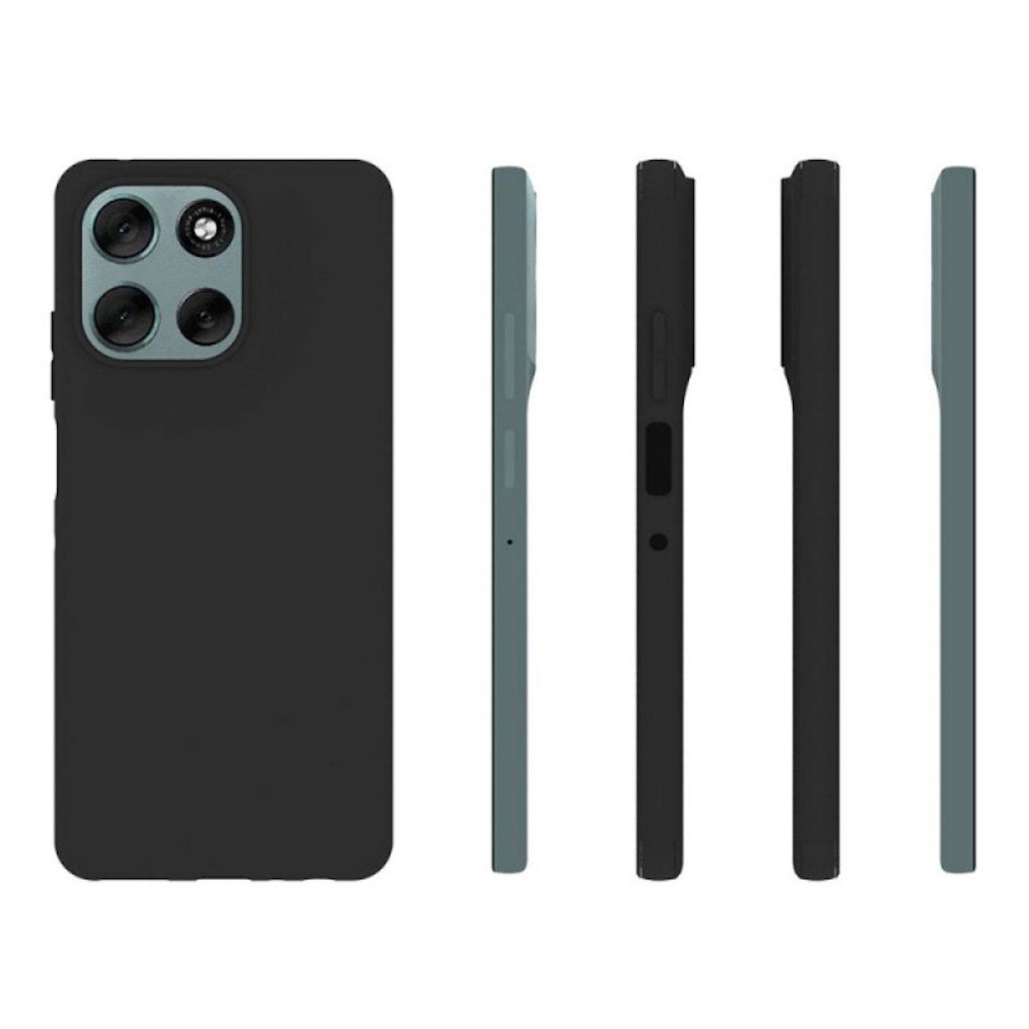 Schwarze Smartphone-Schutzhülle in Vorder- und Seitenansicht, mit erhöhtem quadratischem Kameraausschnitt für ein Vier-Linsen-Telefon.