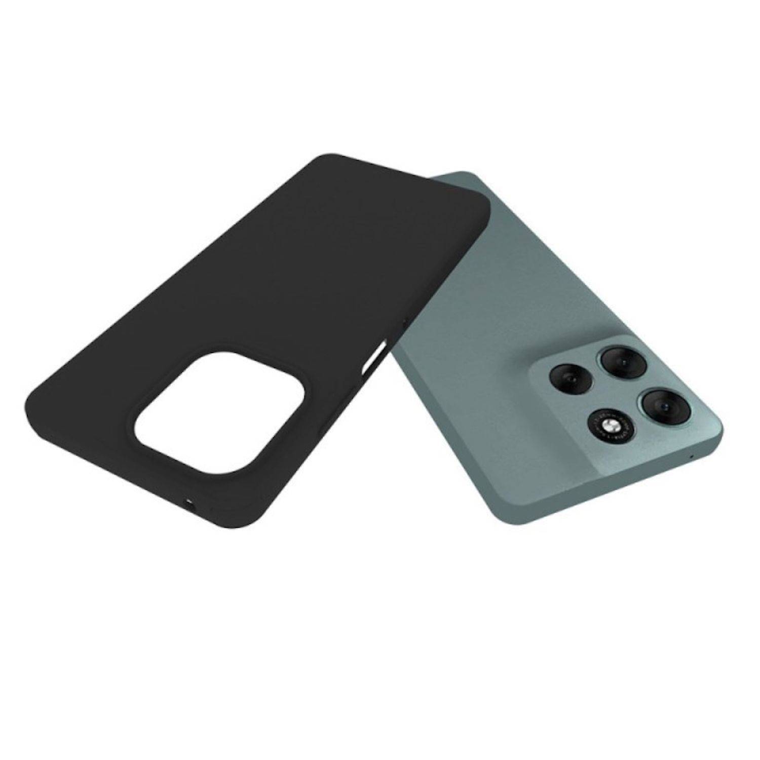 Zwei Smartphone-Schutzhüllen-Rückseiten, eine schwarz und eine grau, getrennt dargestellt, um die Kameraaussparung und Linsenöffnungen zu zeigen.