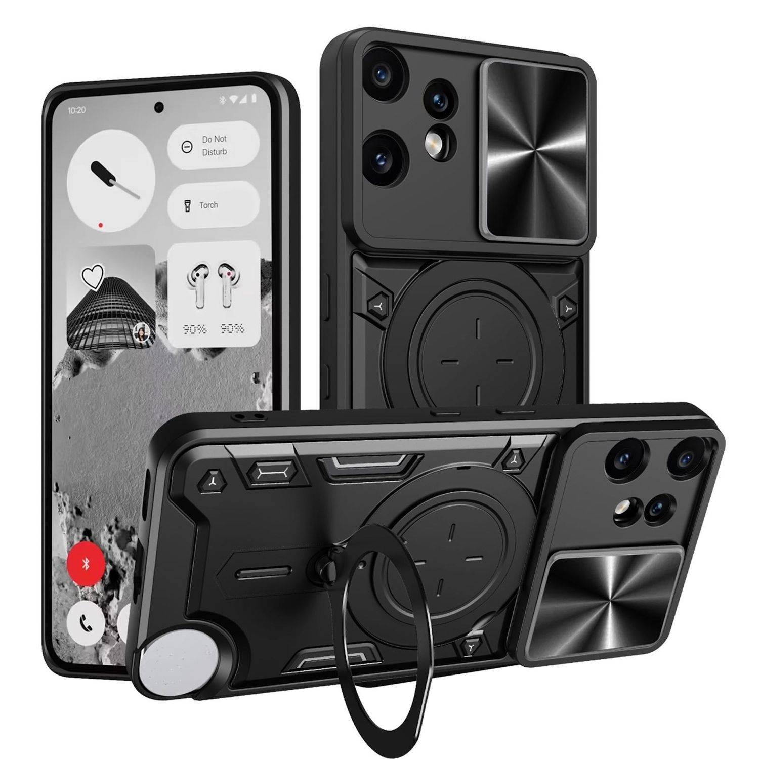 Drei schwarze robuste Smartphone-Hüllen, die auf Telefonen gezeigt werden und ein kreisförmiges Ringständer, strukturiertes Schutzdesign und erhöhte Kameraabdeckungen aufweisen.