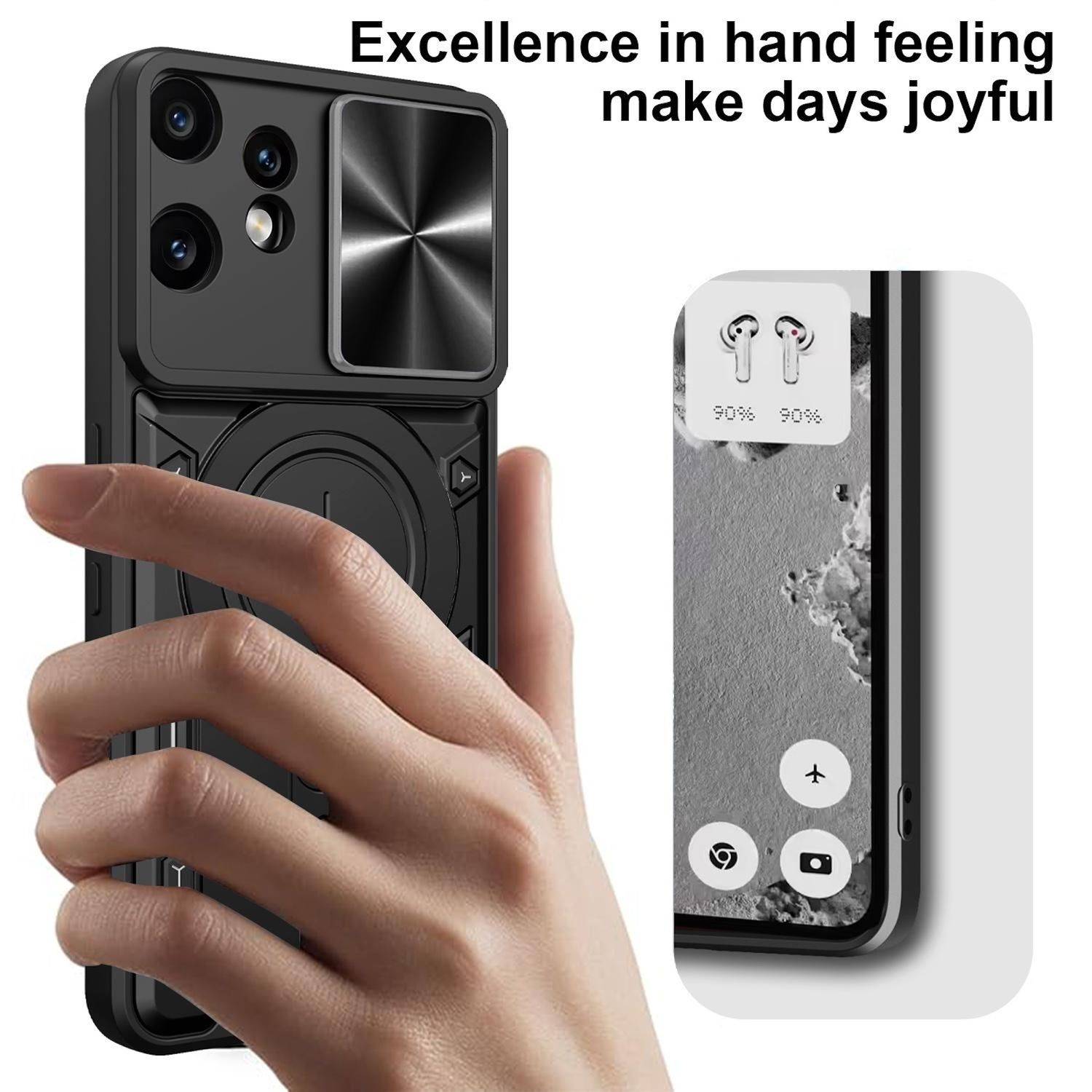 Anzeige mit einer Hand, die ein schwarzes Smartphone-Gehäuse mit integriertem kreisförmigem Griff und Kameraabdeckung hält; der Text lautet „Exzellenz im Handgefühl macht die Tage freudvoll