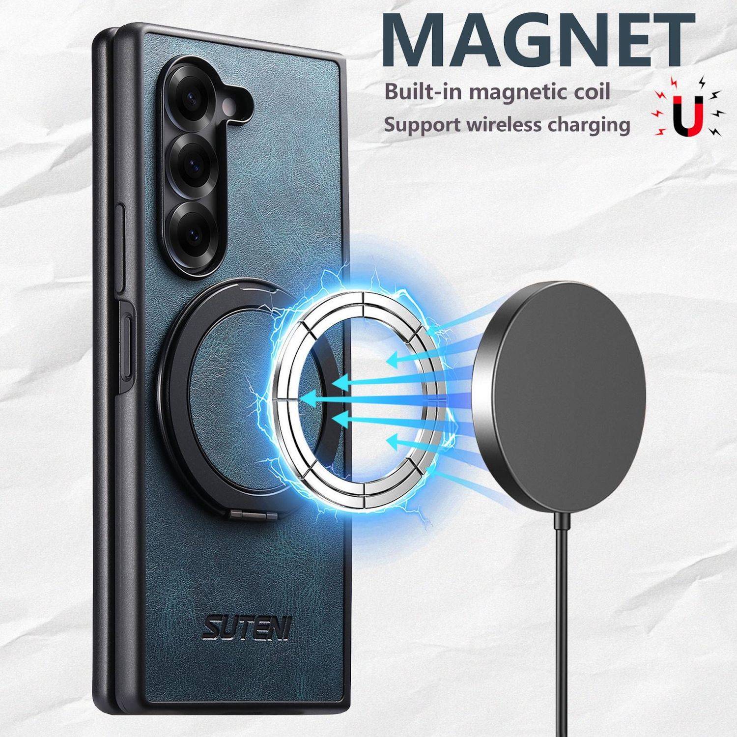 Magnetisches Handyhülle mit eingebauter Spule richtet sich mit einem kabellosen Ladegerät aus und zeigt magnetische Befestigung und Ladeunterstützung.