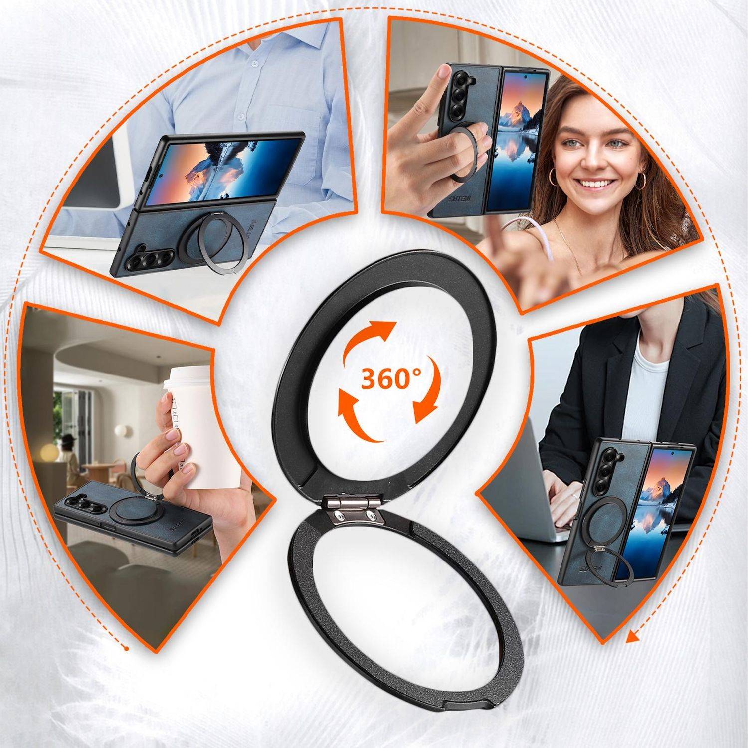Collage, das einen 360°-drehbaren Handyringständer und eine Magnetschutzhülle zeigt, die in mehreren Halte- und Nutzungspositionen eingesetzt werden.