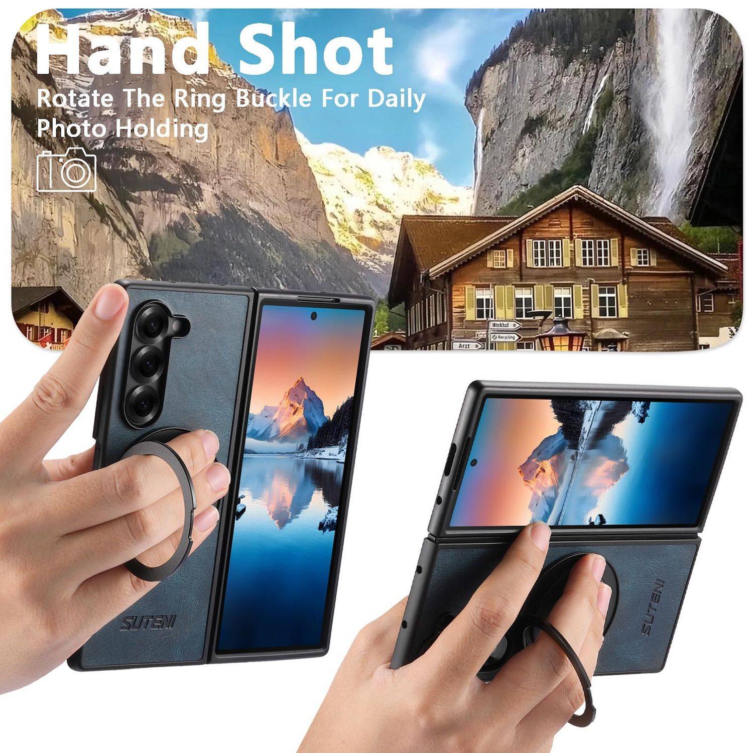 Werbebild eines faltbaren Telefons mit ringförmiger Schnallengrifffunktion zum einhändigen Halten und freihändigen Fotografien, gezeigt in Hochformat- und Querformatnutzung.