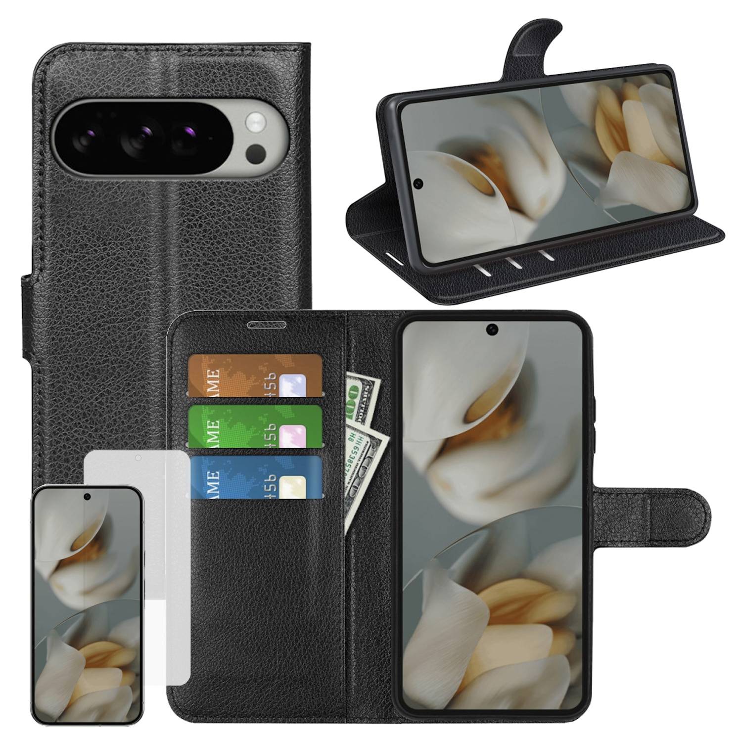 Schwarze Leder-Stil Handyhülle mit Kartenfächern und Geldtasche, gezeigt offen, geschlossen und als Ständer für ein Smartphone.
