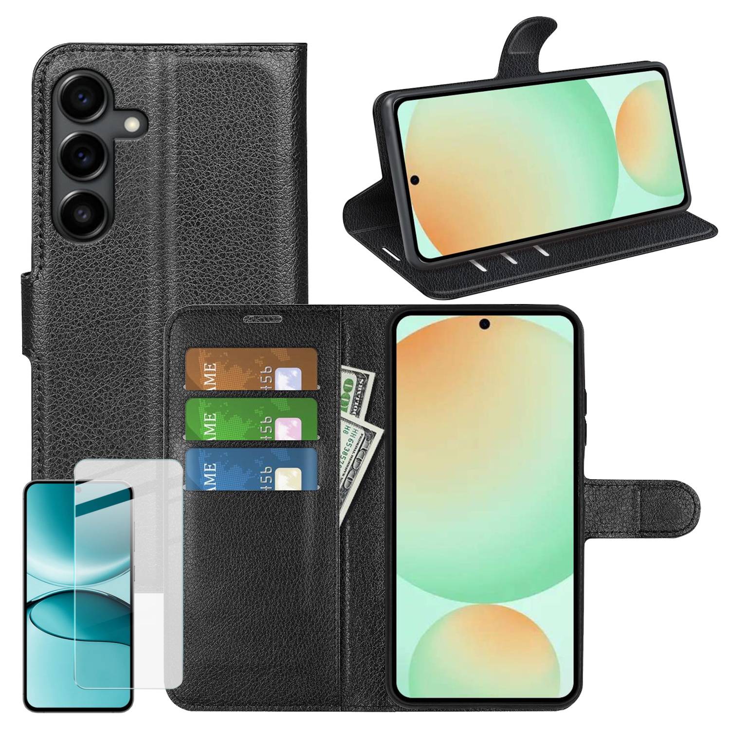 Schwarzes Lederetui für Telefon mit Geldbörsen-Funktion, das geschlossen, als Ständer geöffnet und mit Kartenfächern für ein Smartphone dargestellt ist.