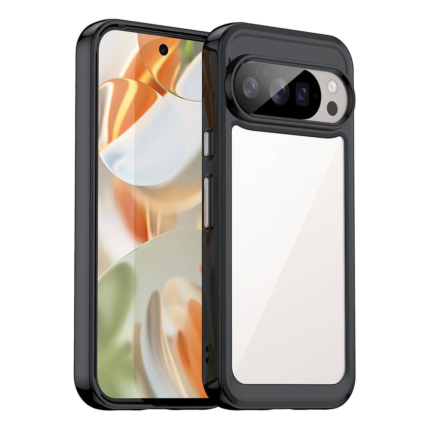 Schwarzes Smartphone von vorne und hinten in einer Schutzhülle mit großem Kameraausschnitt auf der Rückseite, vor einem einfachen weißen Hintergrund.