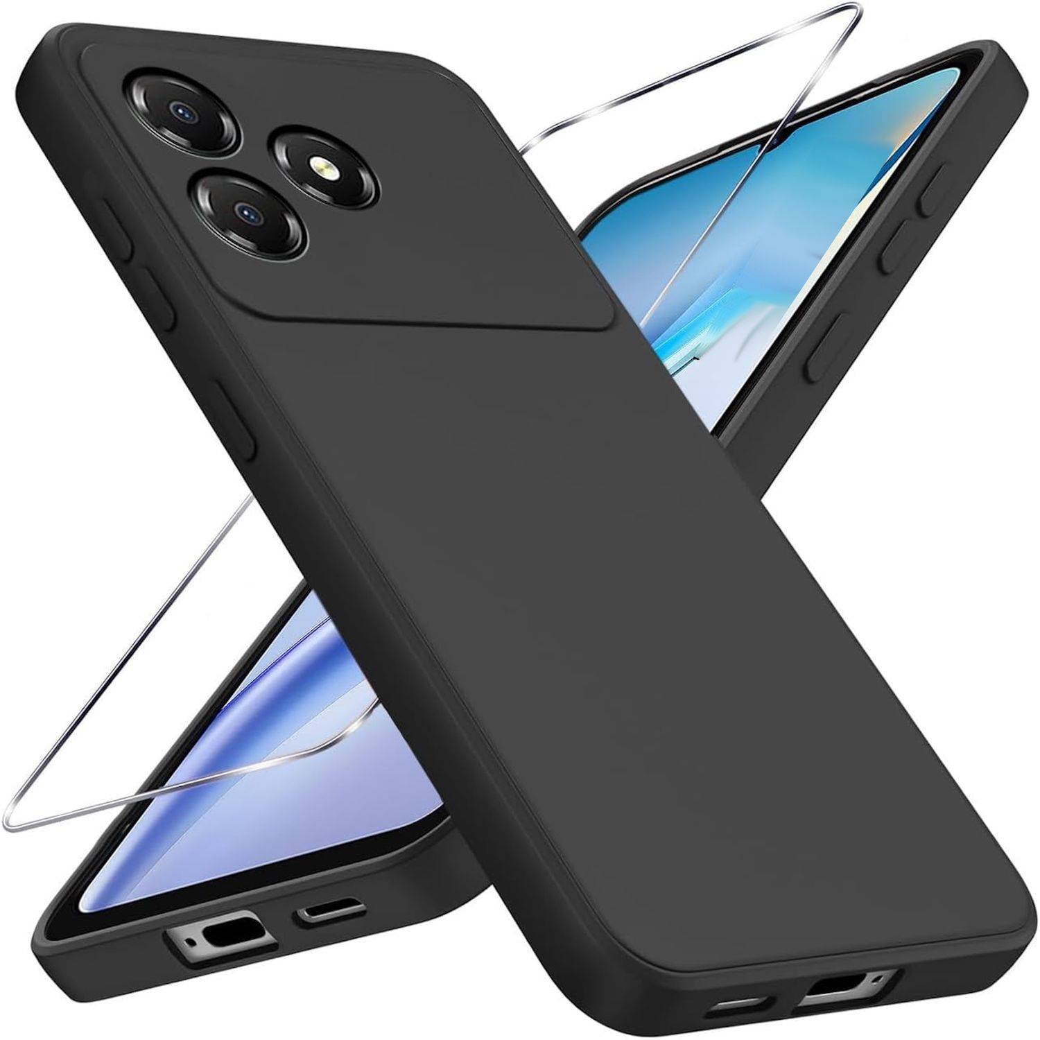 Schwarze Smartphone-Schutzhülle, die auf einem Telefon gezeigt wird, mit Kameraausschnitten und erhöhtem Rand zum Schutz des Displays.