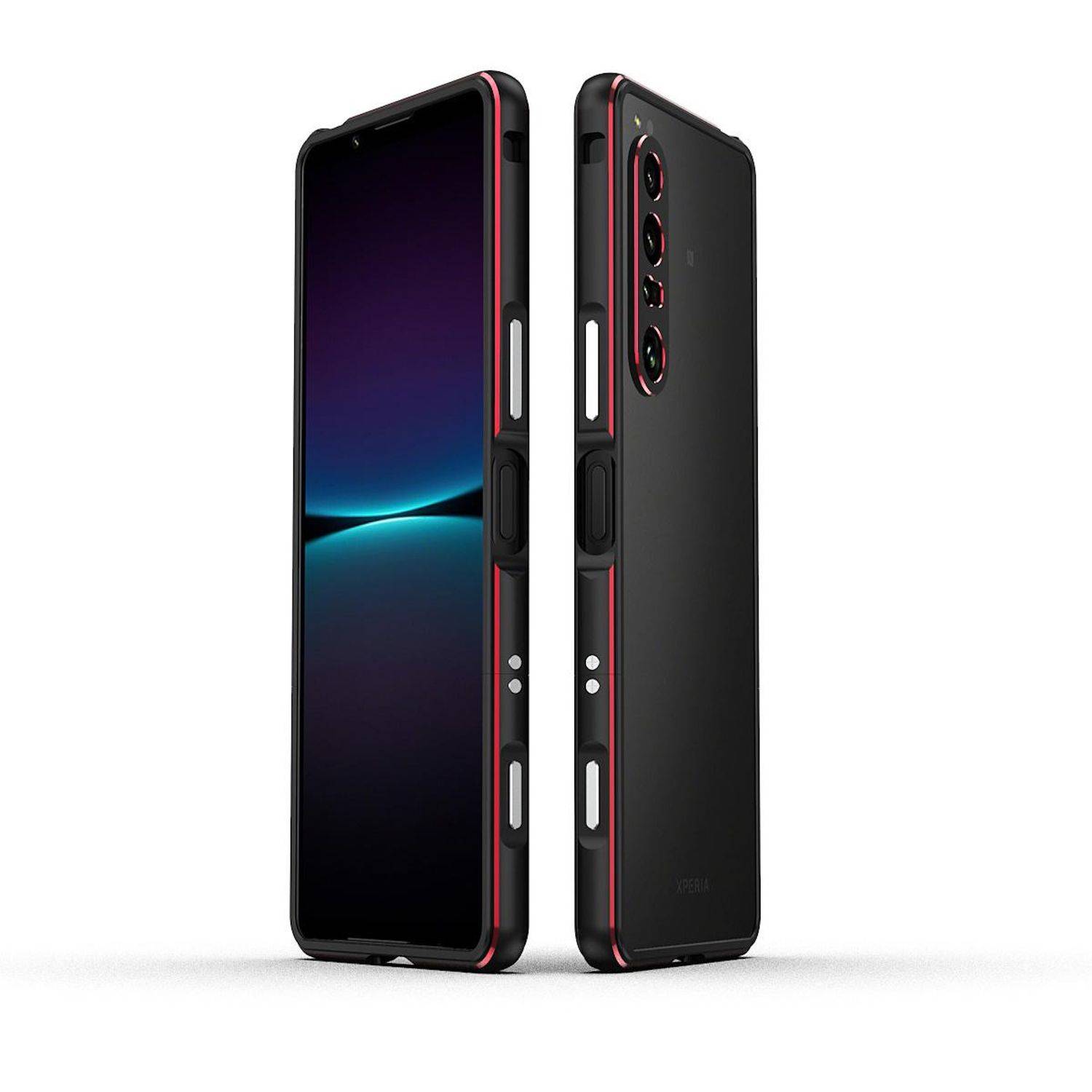 Zwei schwarze Smartphones in schlanken Schutzhüllen, von vorne und hinten dargestellt mit roten Akzenten und Ausschnitten für Tasten sowie vier rückseitige Kameras.