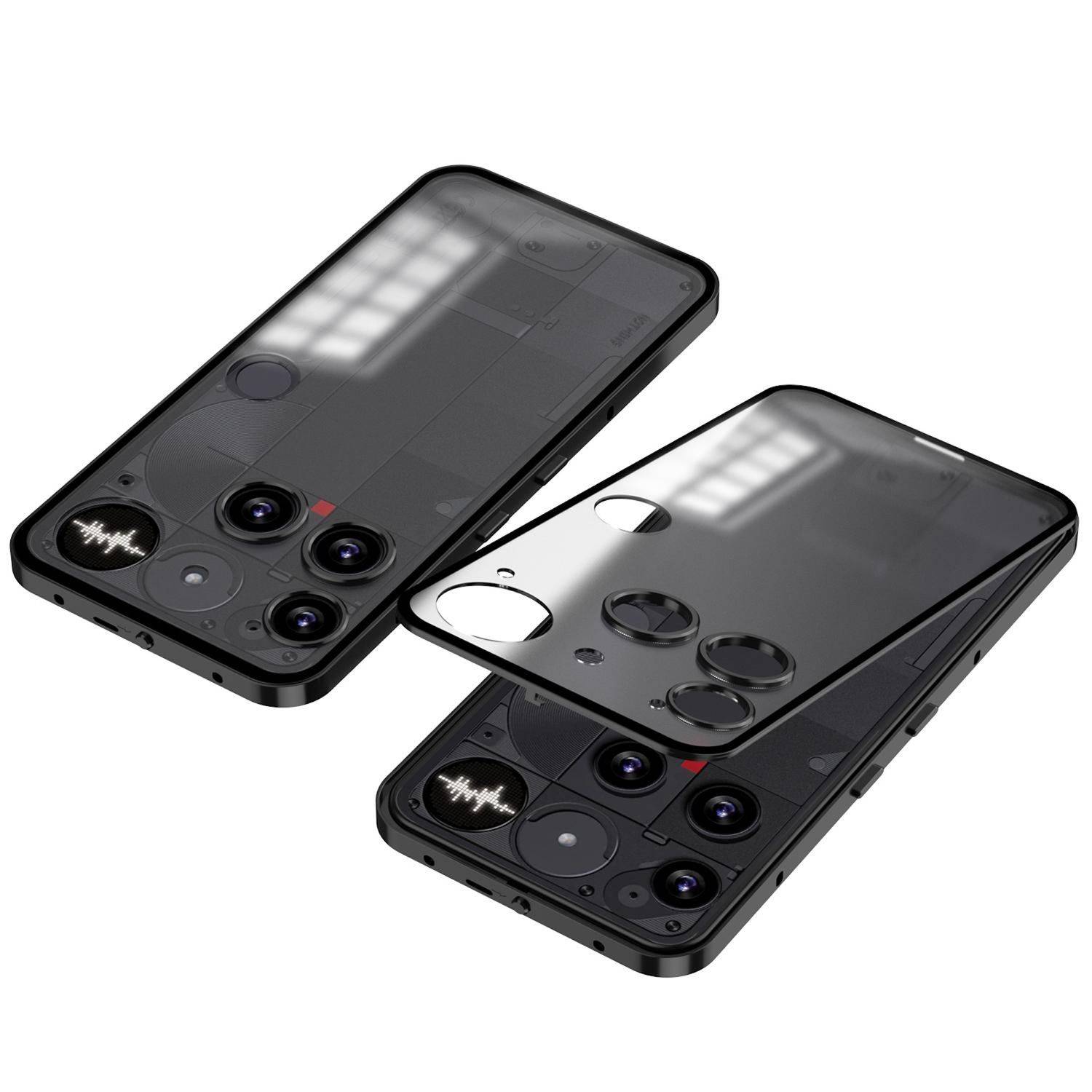 Zwei angewinkelte Ansichten eines schwarzen Smartphones mit dem rückwärtigen Kameraarray und dem glänzenden transparenten Gehäusedesign.