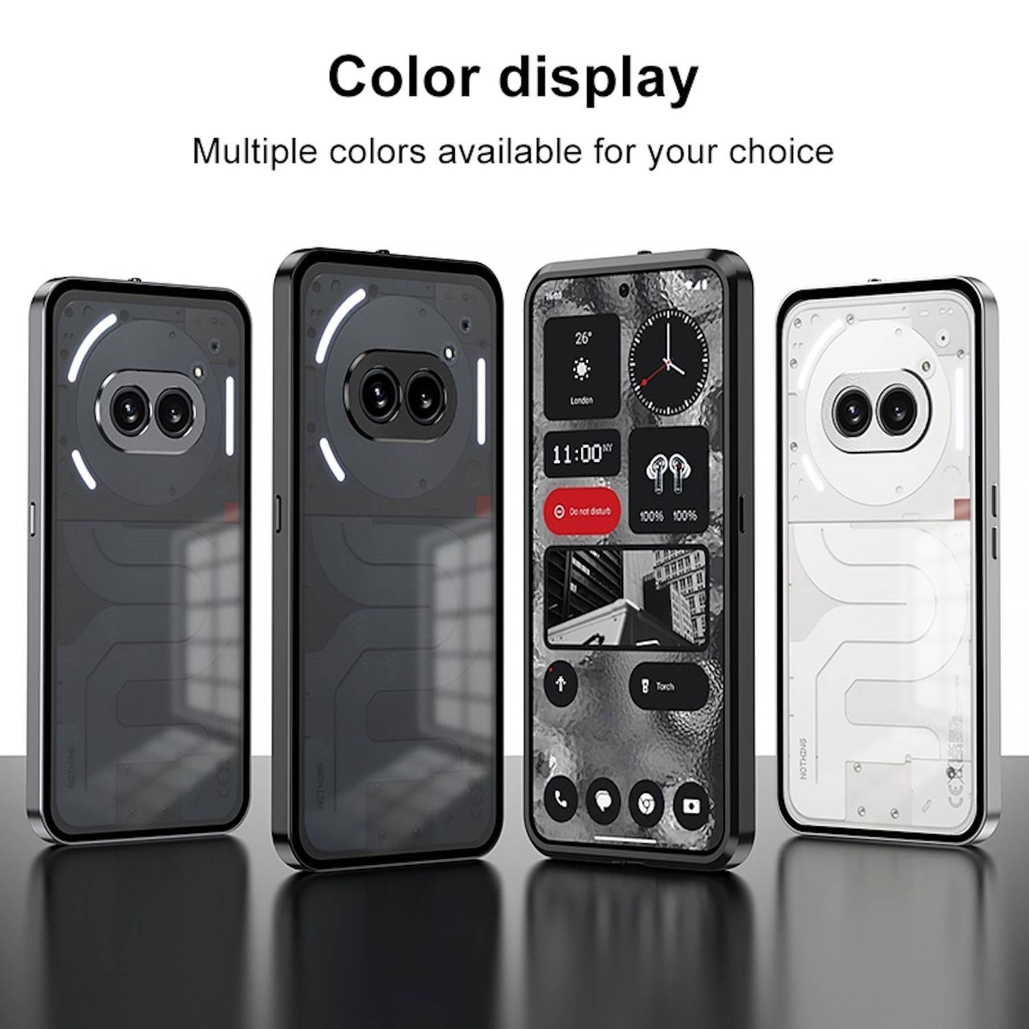 Werbebild eines Smartphones in vier Farbvarianten, einschließlich zwei dunkler Ausführungen und eines weißen Modells, mit anpassbarem Display.