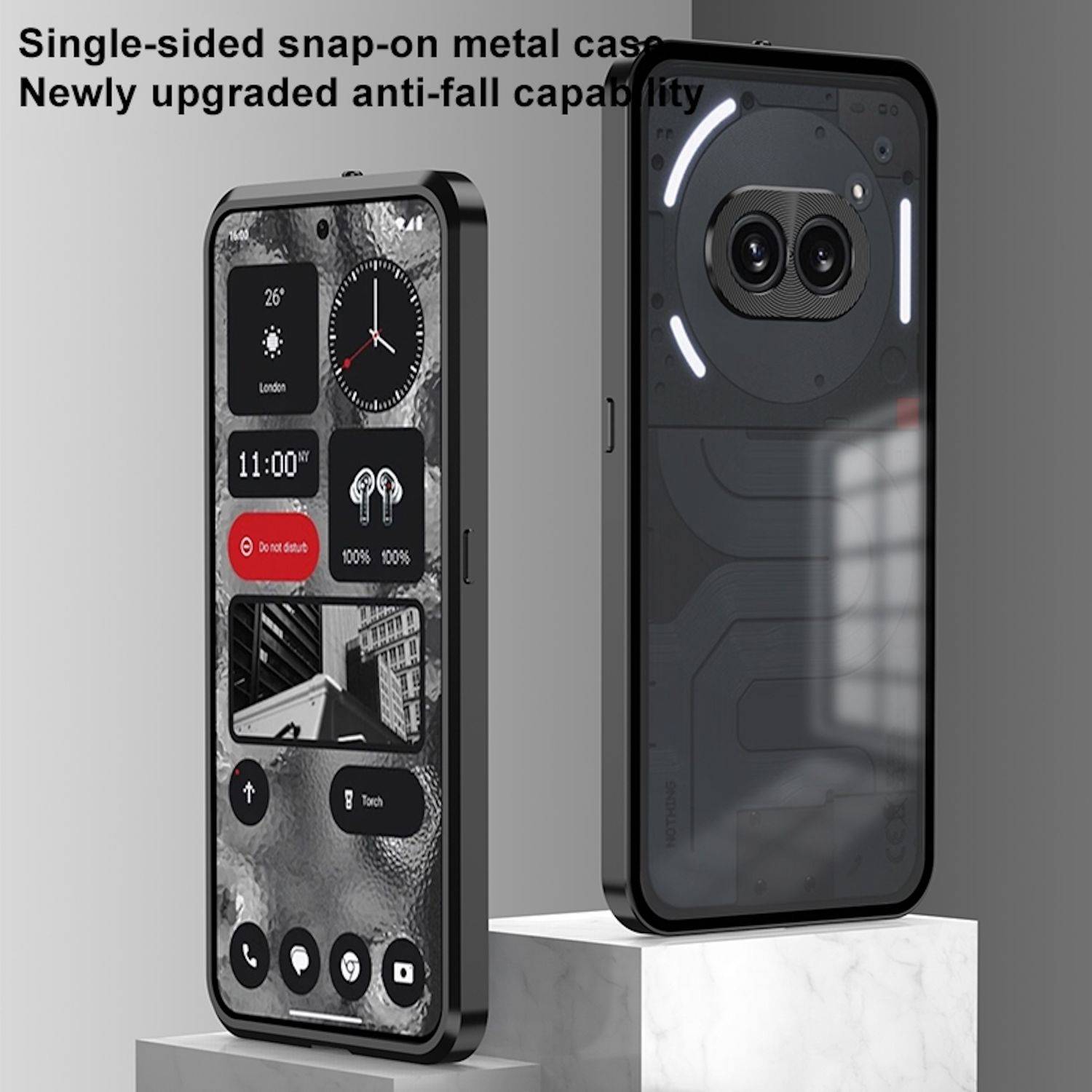 Zwei Smartphones in schwarzen einseitigen Snap-On-Metallhüllen werden von vorne und hinten gezeigt und heben das verbesserte stoßfeste Schutzdesign hervor.