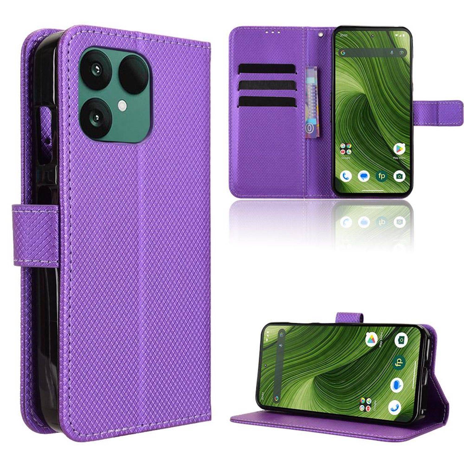Lila Folio-Handyhülle mit strukturierter Oberfläche, Kartensteckplätzen und Standfunktion, gezeigt aufgeklappt und um ein Smartphone gefaltet.