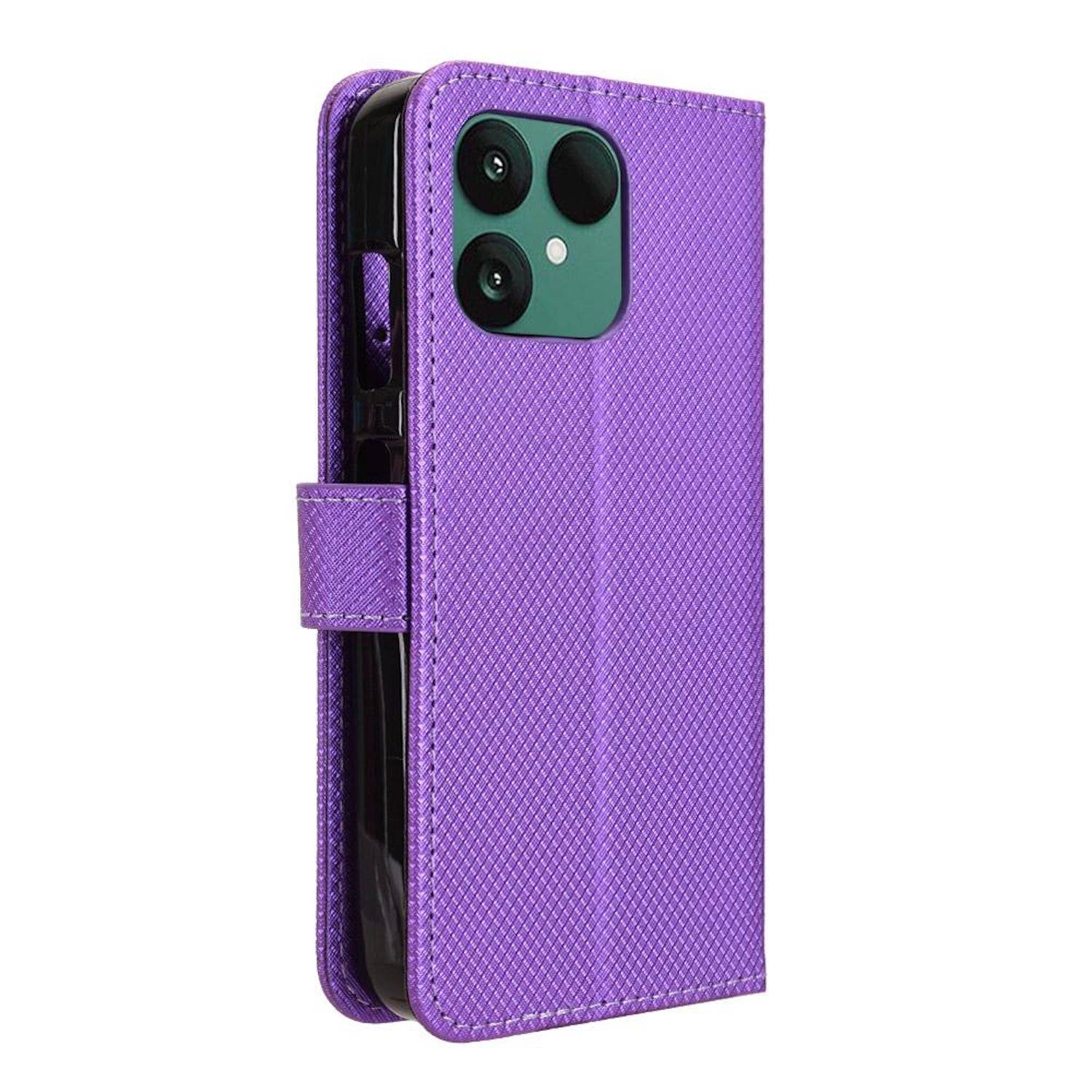 Violette strukturierte Folio-Handyhülle mit Vorderdeckel und Kameraausschnitt, geschlossen auf weißem Hintergrund dargestellt.