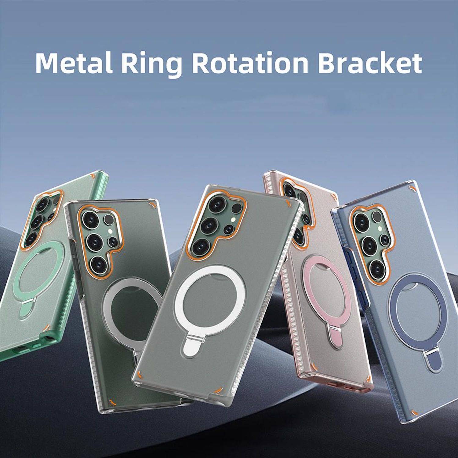 Werbebild von fünf Smartphone-Hüllen mit der Bezeichnung „Metall-Ring-Rotations-Halterung