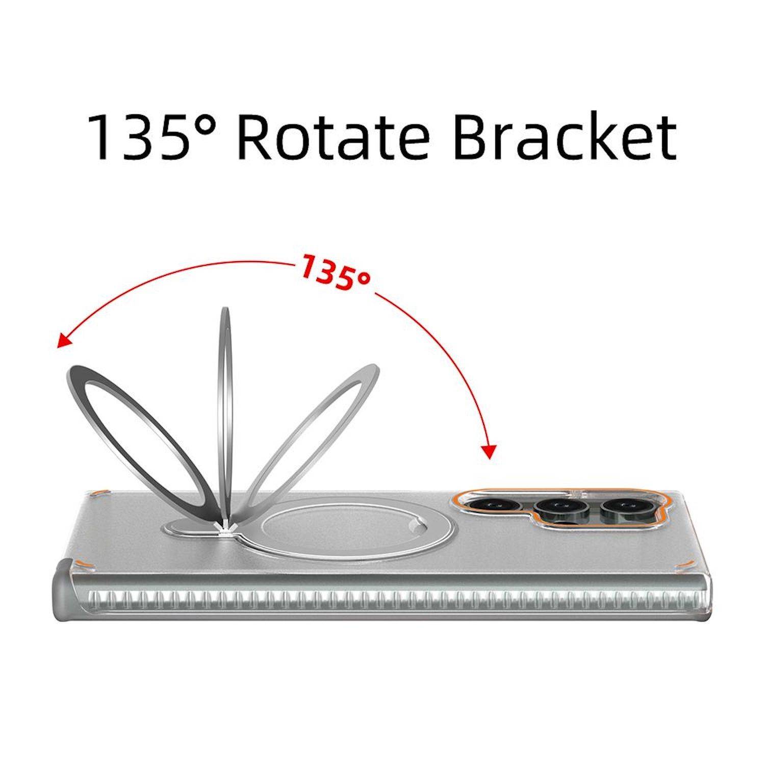 Smartphonehülle mit einer 135°-Drehhalterung, die Öffnungen von flacher bis zu angewinkelten Positionen zeigt, beschriftet mit „135°-Drehhalterung