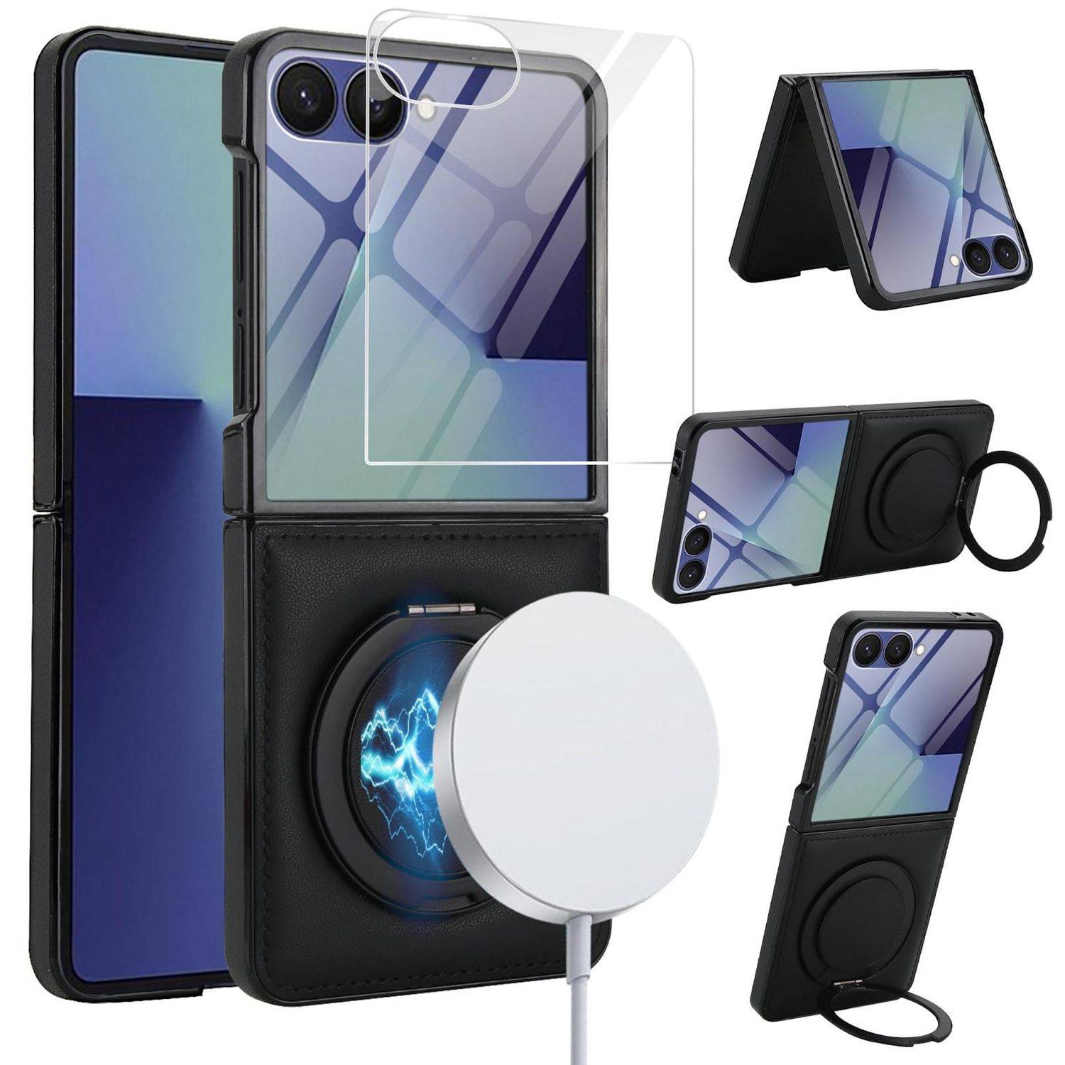 Handyhülle mit integriertem magnetischem Ring-Ständer, dargestellt aufgeklappt und aus mehreren Blickwinkeln, für ein Smartphone mit zwei rückwärtigen Kameras.