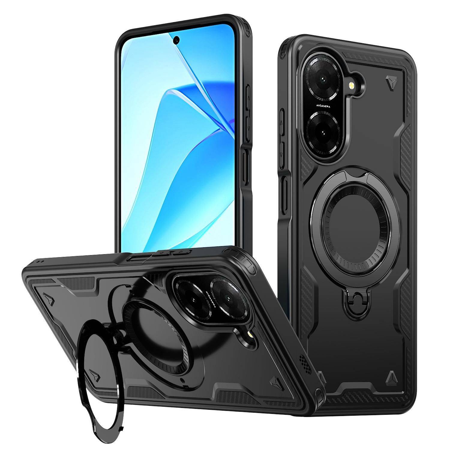 Robuste schwarze Smartphone-Hülle mit eingebautem ringförmigem Ständer und Kameraschutz, in drei Ansichten.