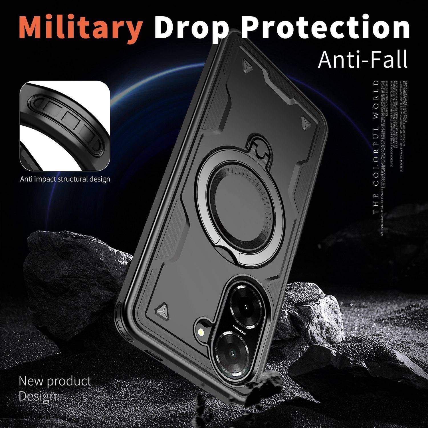 Angebot für eine robuste Handyhülle: 'Militärischer Fallschutz' und 'Sturzschutz', zeigt ein stoßabsorbierendes Design und iPhone-ähnlichen Kameraausschnitt.