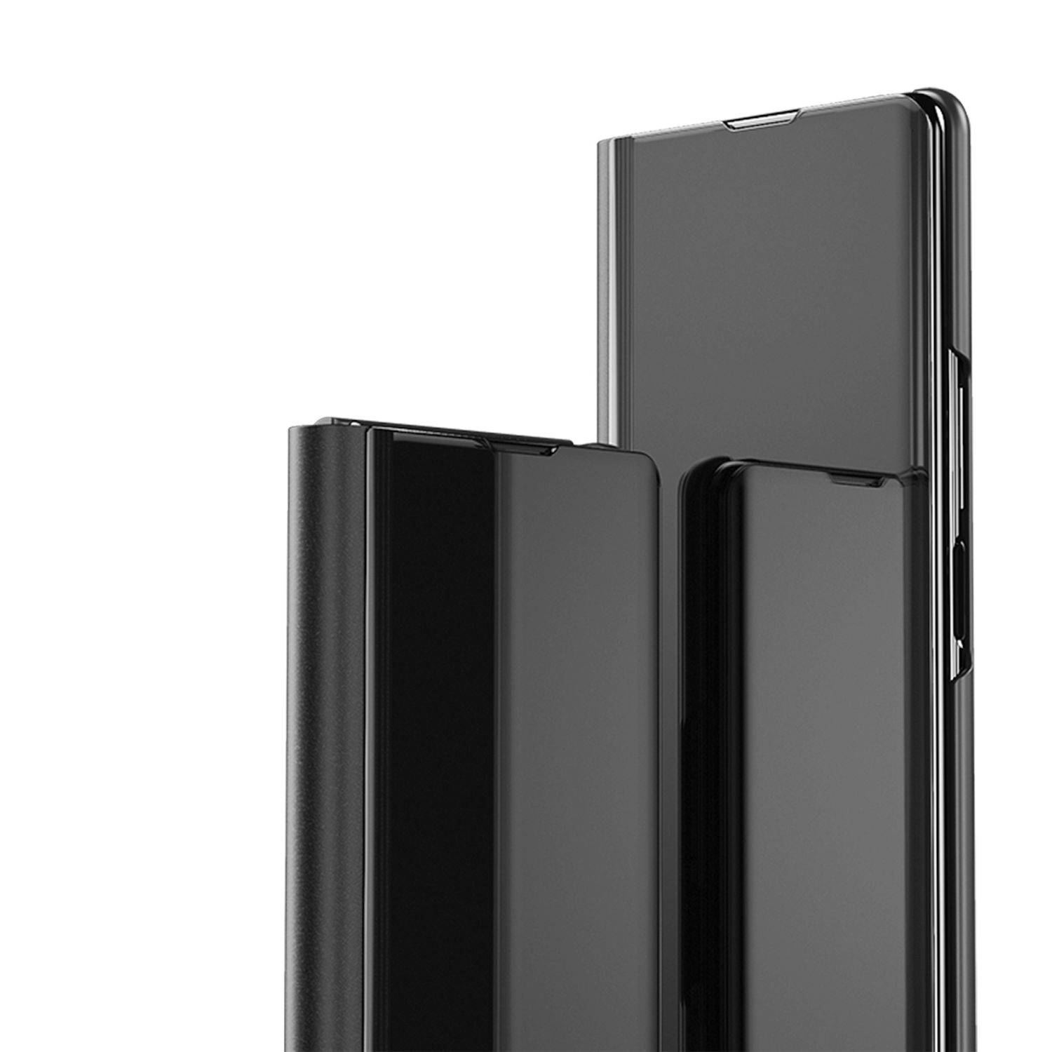 Zwei elegante schwarze Smartphone-Hüllen, eine offen vorne und eine geschlossen hinten, auf weißem Hintergrund dargestellt.