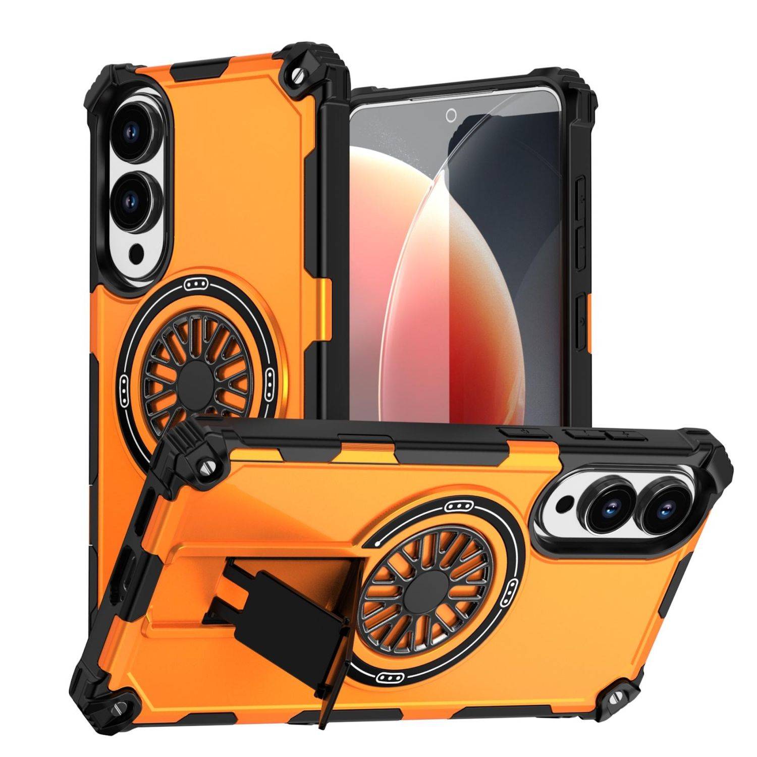Orange robustes Smartphone-Case mit schwarzen Ecken, eingebauter Ringgriff und Ständer, dargestellt in Vorder- und Rückansicht auf einem Telefon.