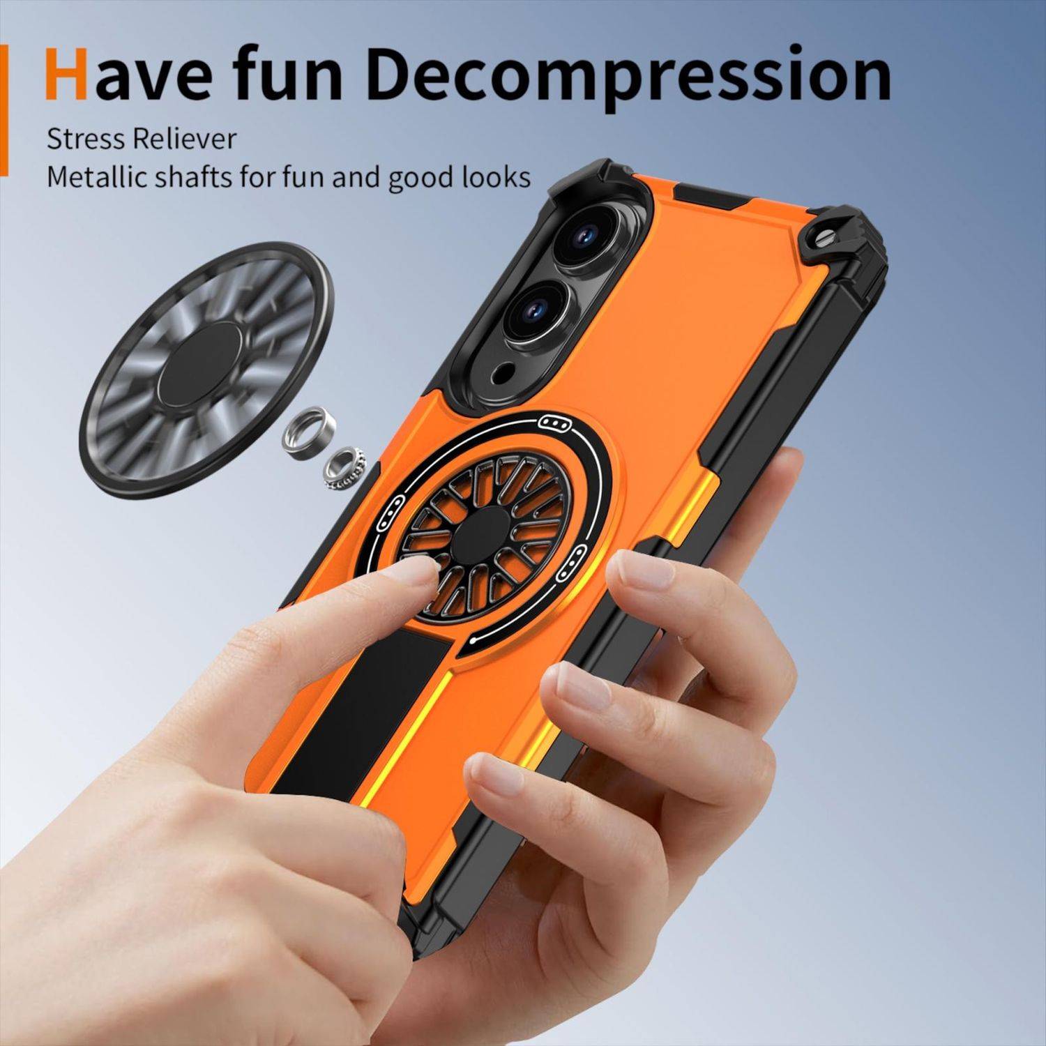 Angebot für eine orange-schwarze Handyhülle mit eingebautem Fidget Spinner, beschriftet mit „Spaß haben Entspannung