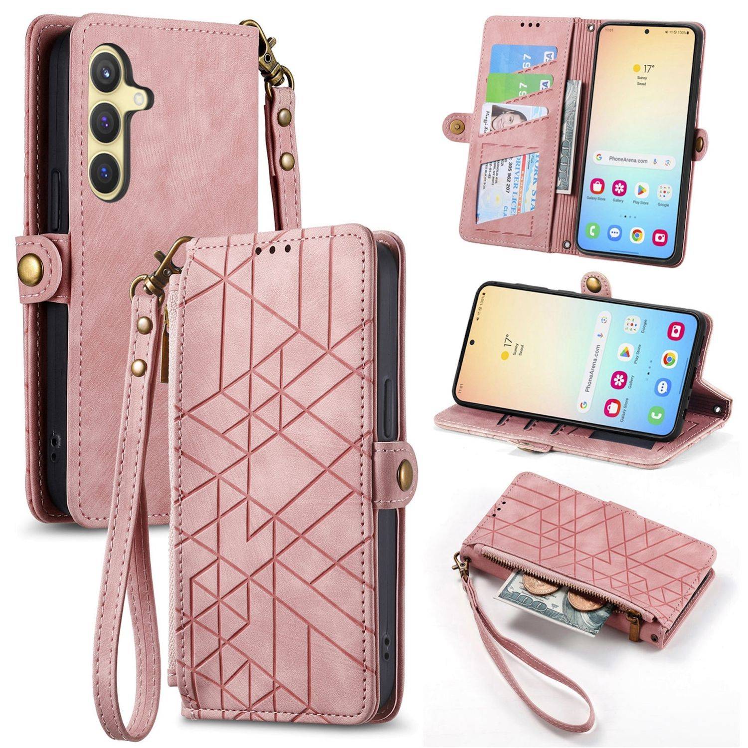 Rosa Folio-Handyhülle mit Handschlaufe und Kartenfächern, gezeigt geschlossen, geöffnet, als Ständer und mit eingesetztem Telefon.