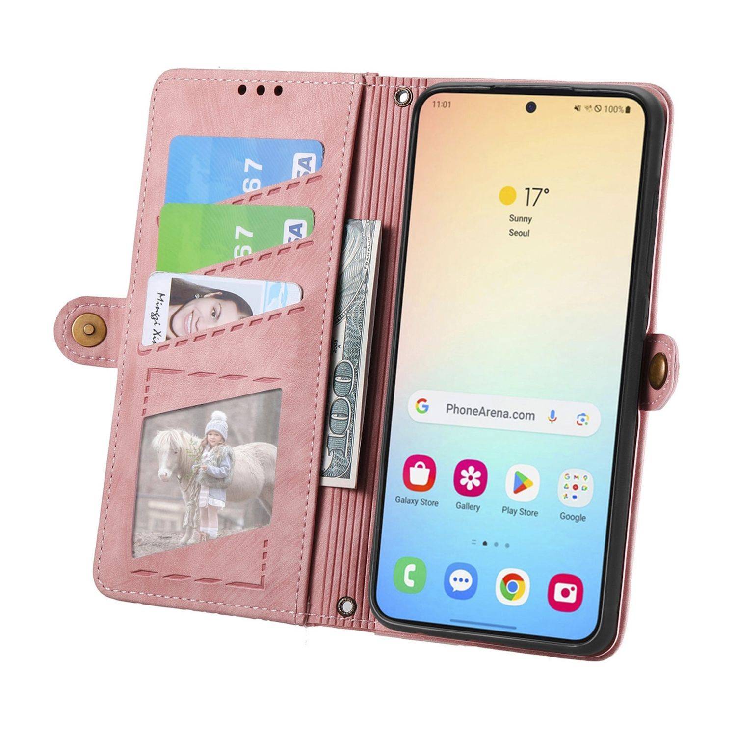 Rosa Folio-Handyhülle, die ein Smartphone auf der rechten Seite hält, mit Kartensteckplätzen, Bargeld und einem sichtbaren Foto auf der linken Seite.