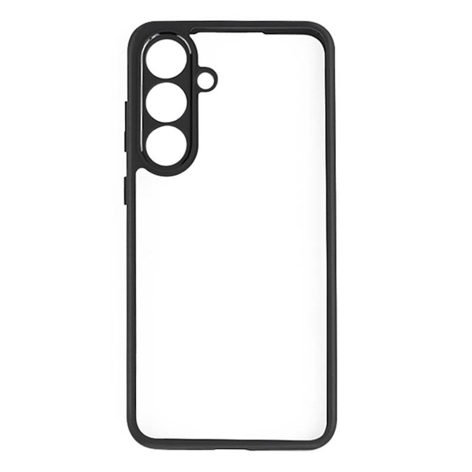 Schwarze Smartphone-Schutzhülle mit drei Kameraausschnitten auf weißem Hintergrund.