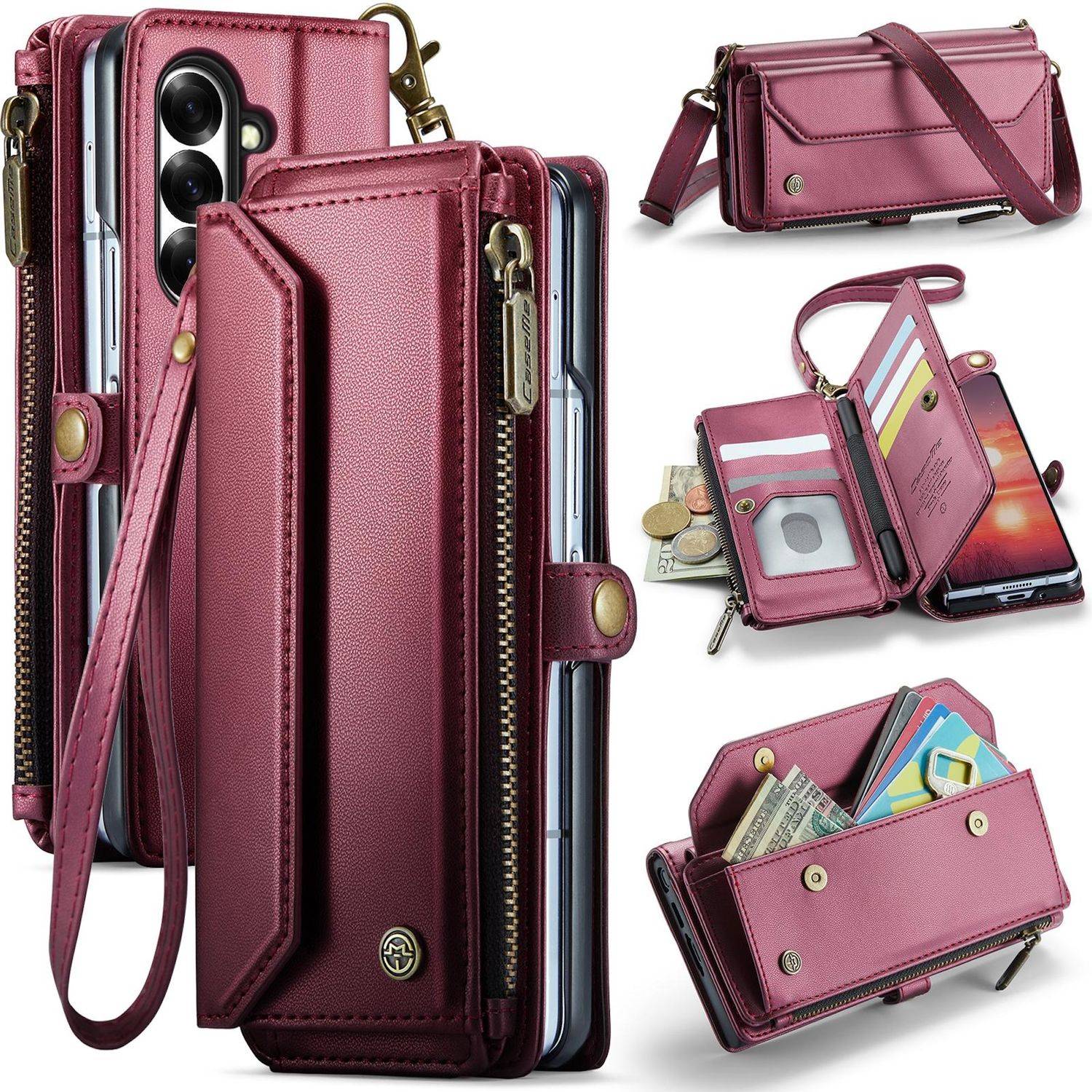 Kastanienbraune Leder-Brieftasche Handyhülle gezeigt geschlossen und offen, mit Handgelenksriemen, Kartensteckplätzen, Geldtasche und Reißverschlussfach.