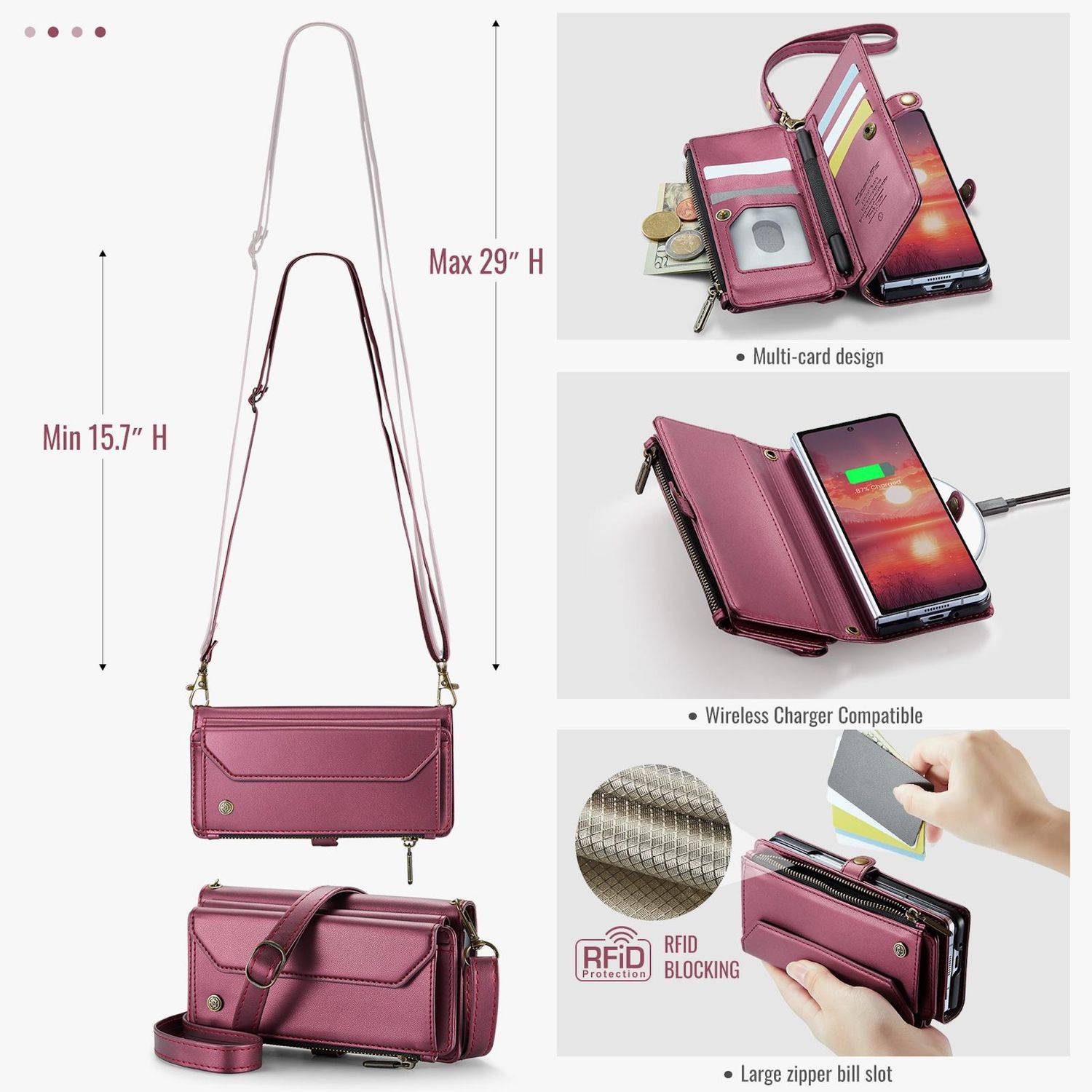 Produktinfografik einer rosa Crossbody-Handygeldbörse mit verstellbarer Riemenlänge, mehreren Kartenfächern, Kompatibilität mit drahtlosem Laden, RFID-Blockierung und großem Reißverschluss-Scheinfach.