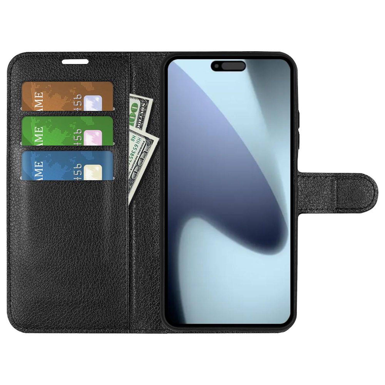 Schwarze Leder-Handyhülle mit vorderer Bildschirmfenster, Kartensteckplätzen, Geldtasche und magnetischem Seitenverschluss.
