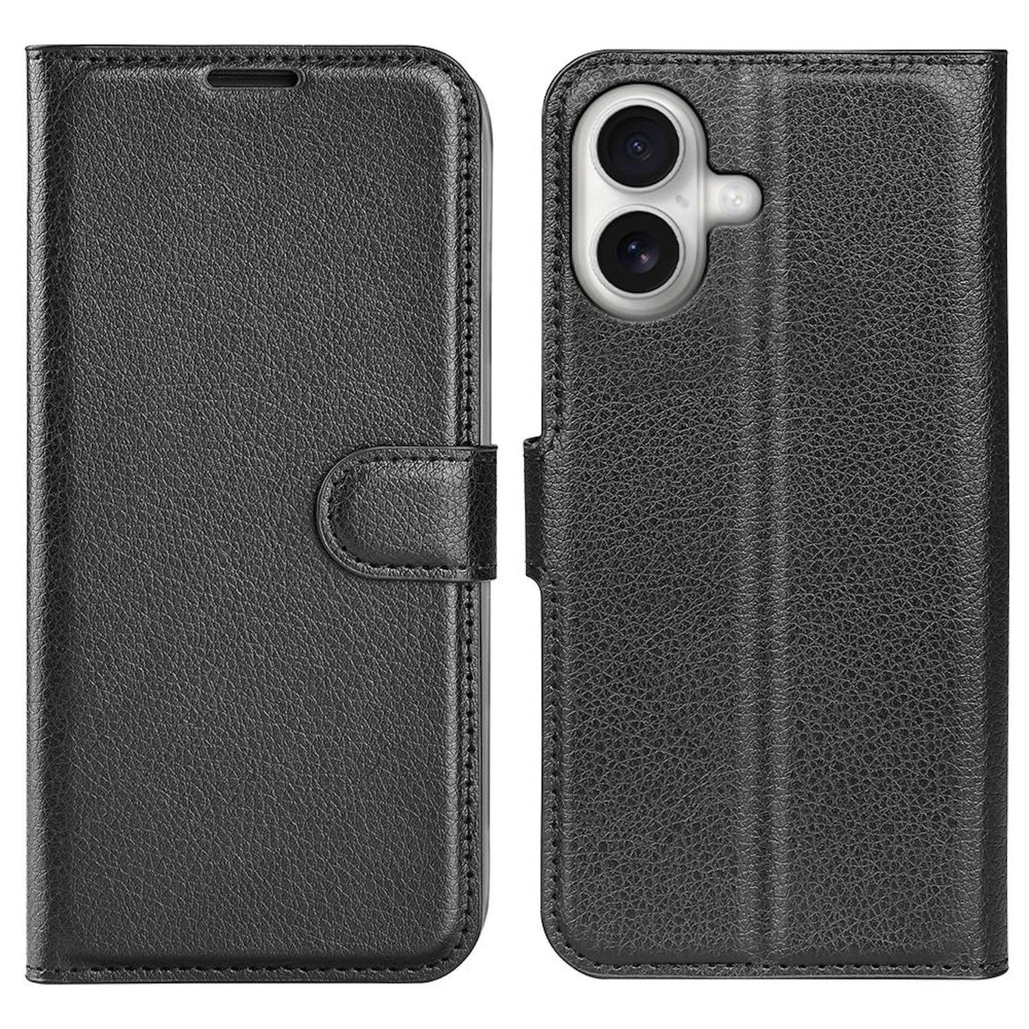 Schwarze Lederstil-Klapphülle für Smartphones, aufgeklappt dargestellt, mit Vorderdeckel, magnetischem Verschluss und Ausschnitt für rückwärtige Dual-Kamera.
