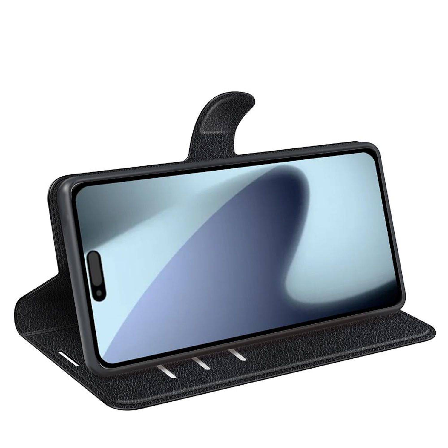 Smartphone in einem schwarzen Folio-Ständer-Etui, horizontal im Winkel mit eingeschaltetem Bildschirm.