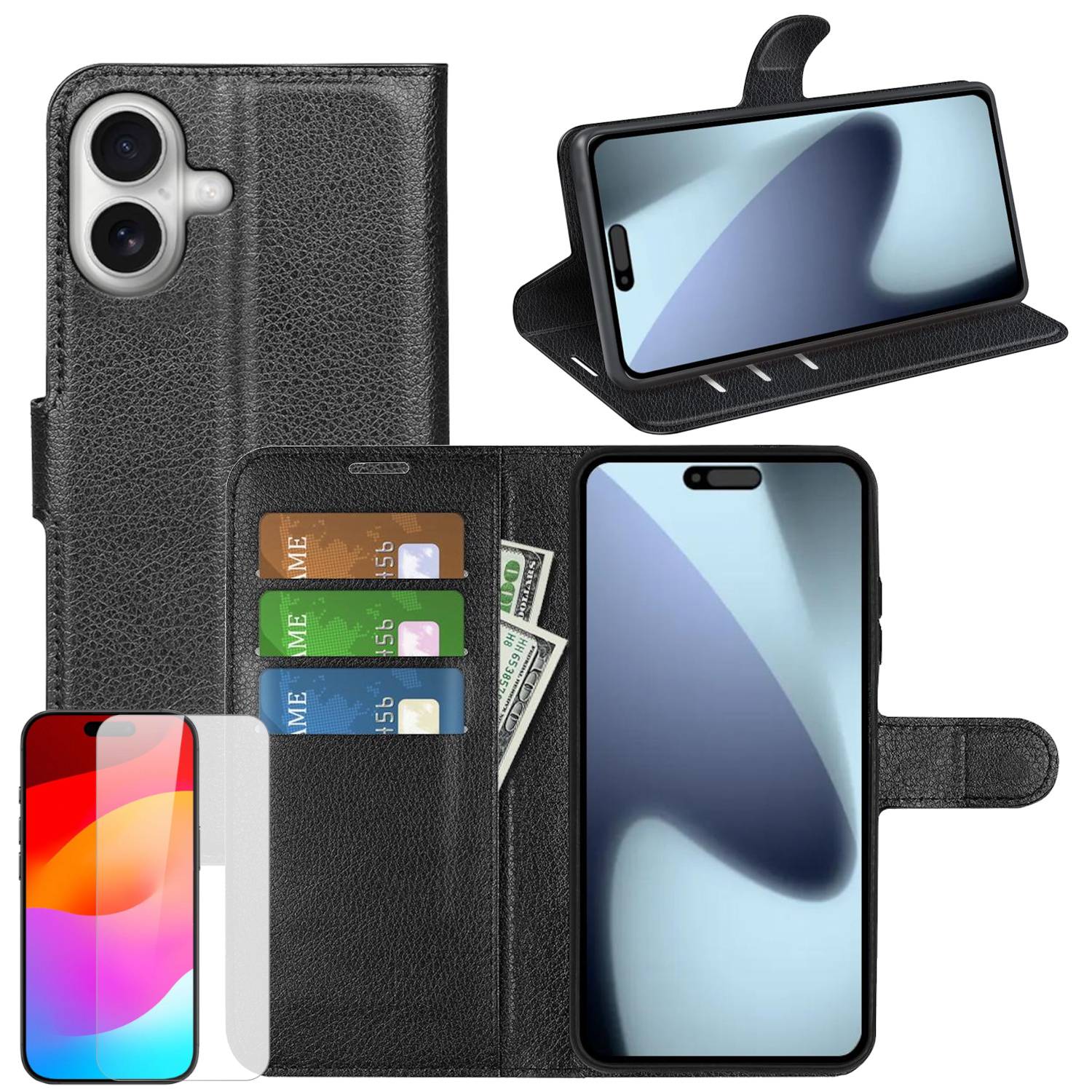 Schwarze Leder-Look-Geldbörsen-Handyhülle für iPhone, geöffnet mit Kartenfächern und Geldschein dargestellt, plus Ständer und Vorder- und Rückansicht.