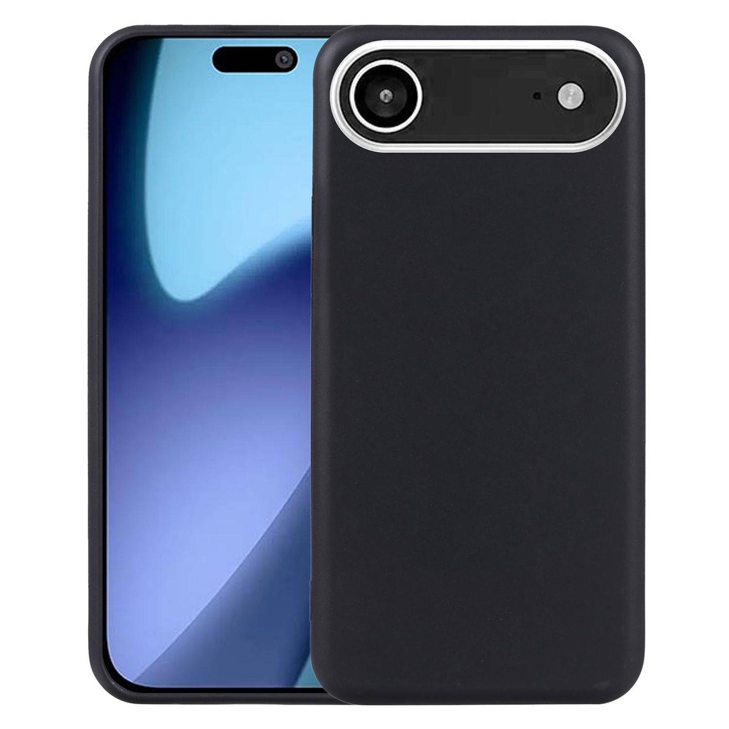 Schwarze Smartphone-Schutzhülle, die von vorne und hinten über dem Telefon gezeigt wird und die Kameraöffnung und das schlanke Schutzdesign hervorhebt.