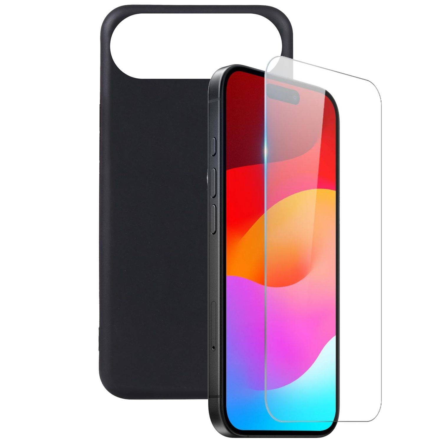 Schwarzes Smartphone-Gehäuse mit erhöhtem Kameraausschnitt und klarem Displayschutz auf einem Telefon mit farbenfrohem Display gezeigt
