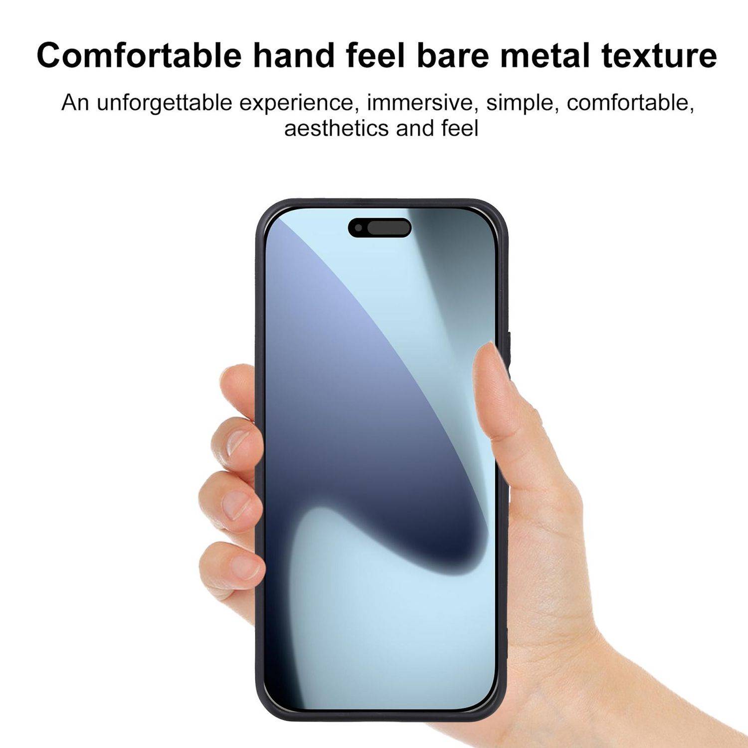 Hand hält ein Smartphone mit einer Schutzhülle mit blanker Metalltextur, dargestellt unter dem Text „Angenehmes Griffgefühl mit blanker Metalltextur