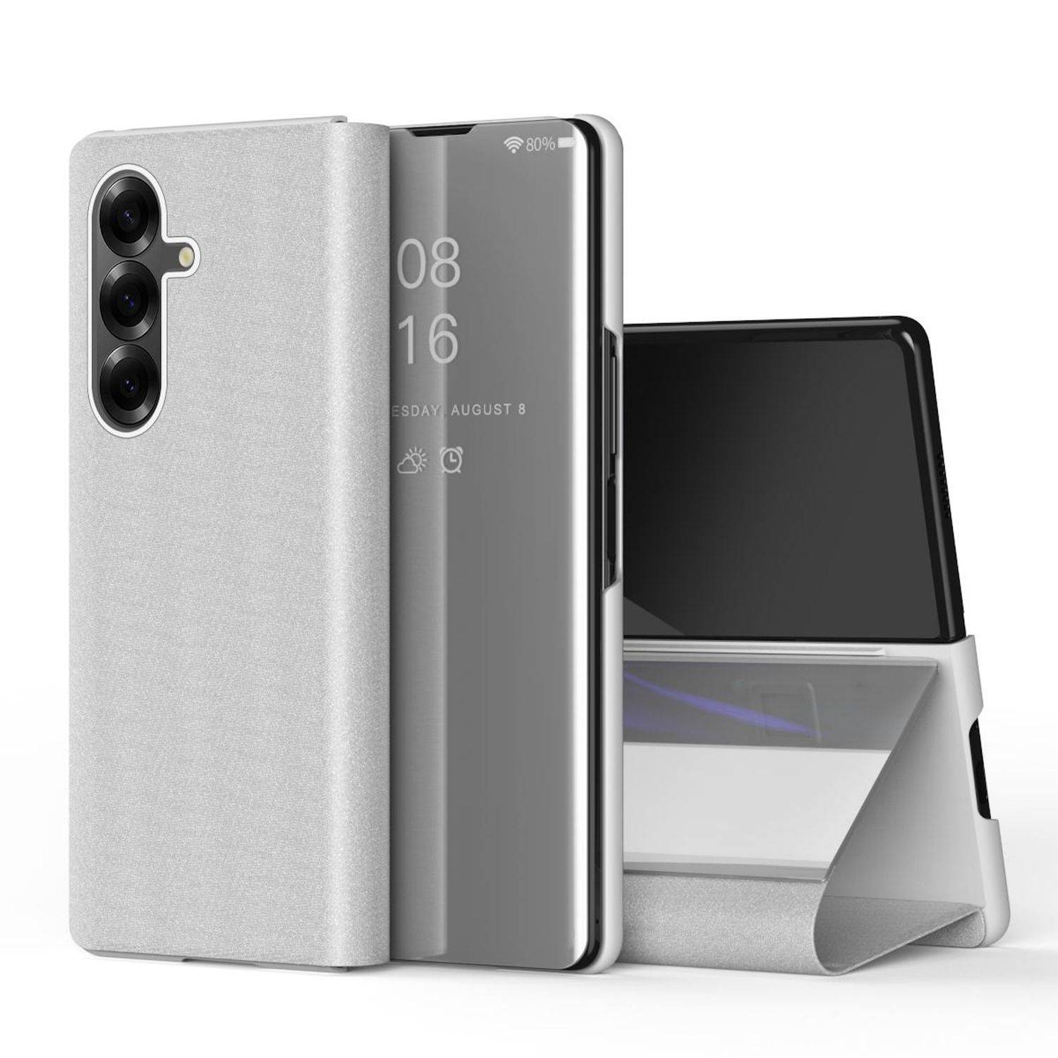 Silbernes Smartphone in einem faltbaren Folio-Etui, teilweise offen dargestellt mit sichtbarem Bildschirm und zusammengeklapptem Ständer dahinter.