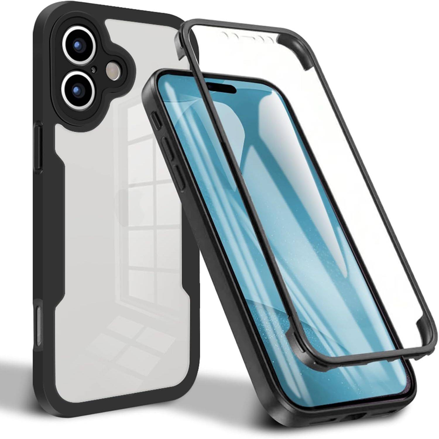 Zwei schwarze Smartphone-Schutzhüllen, eine mit durchsichtiger Rückseite und eine mit transparenter Vorderabdeckung, die den Schutz um ein Telefon herum zeigen.