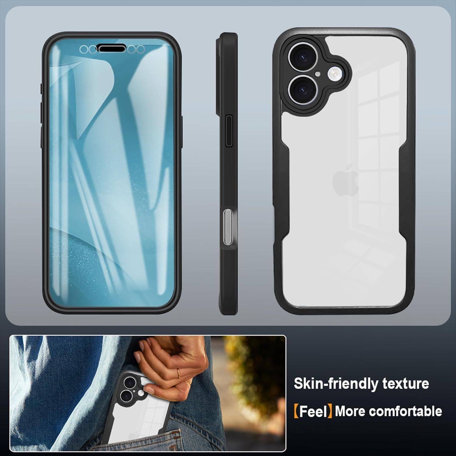 Dreiansicht-Produktbild einer schwarzrandigen transparenten iPhone-Hülle auf einem Telefon, zeigt Vorderseite, Seite und Rückseite mit dualem Kamera-Ausschnitt; Text sagt „Hautfreundliche Textur