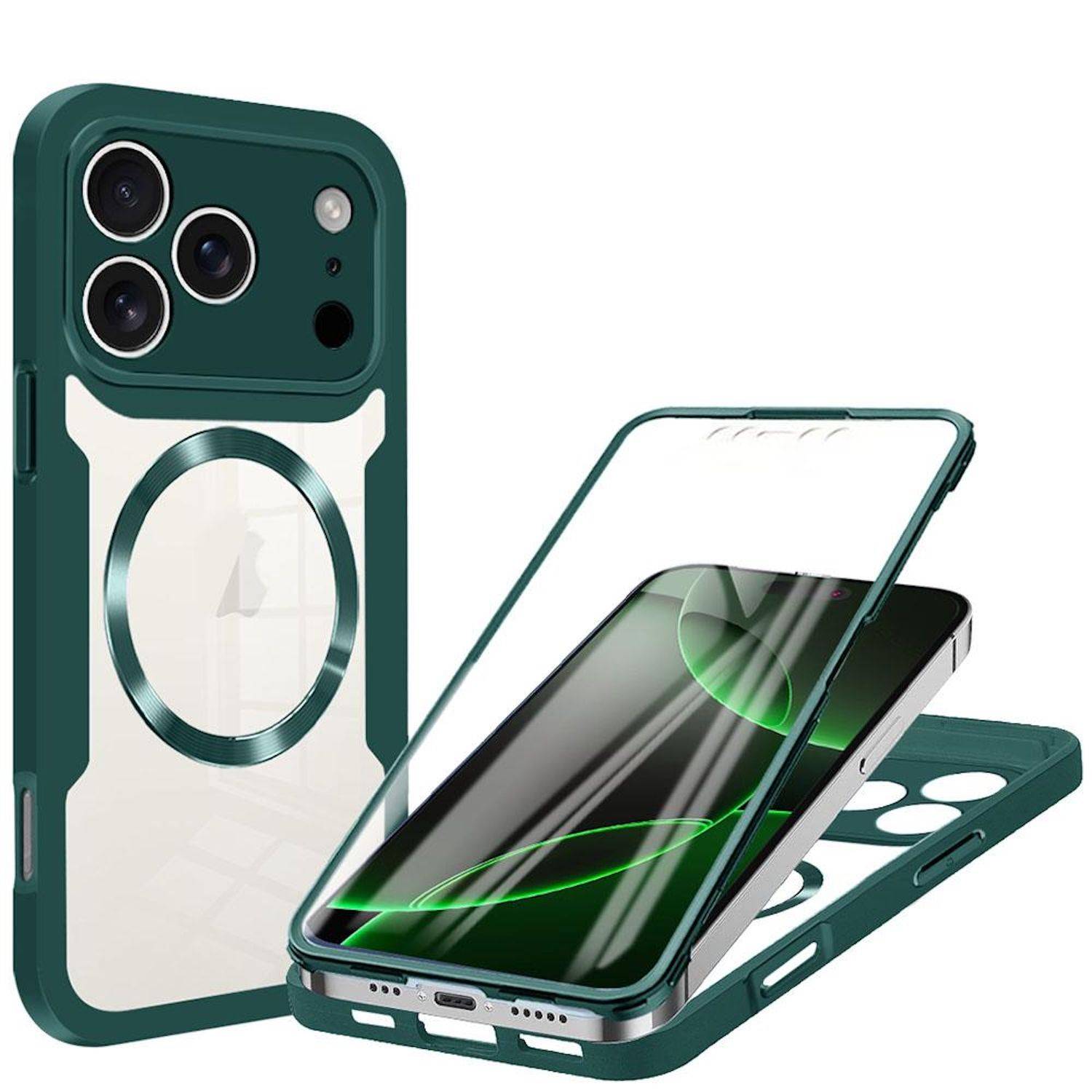 Grüne Smartphone-Schutzhülle mit integriertem MagSafe-ähnlichem Ring, gezeigt mit Vorder- und Rückansicht und einem Telefon, das in der offenen Hülle eingesetzt ist.